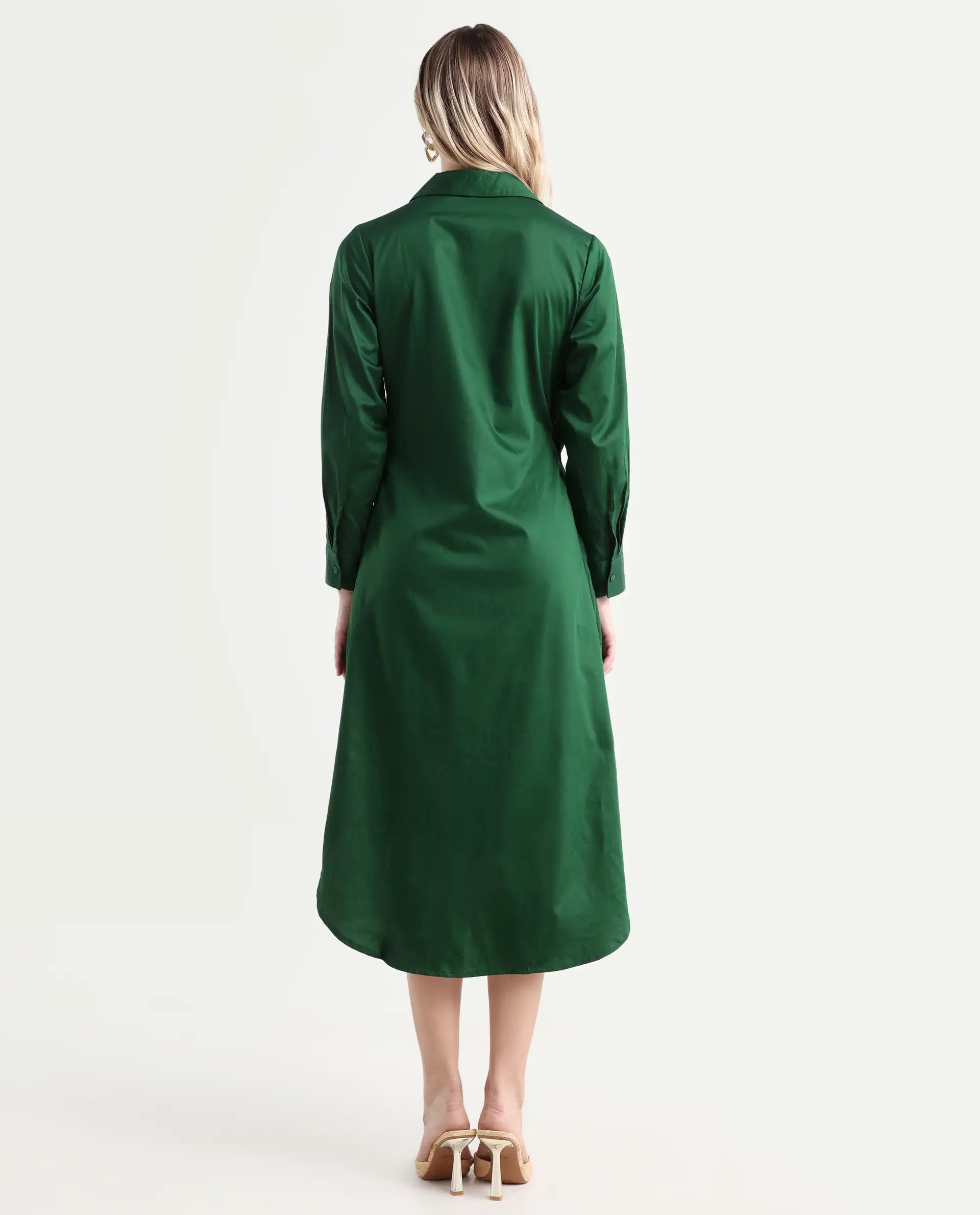 Rareism Women's Shikamaru Dark Green Cotton Blend Johnny Collar Plain Cuffed Sleeve Midi Relaxed Fit Dress