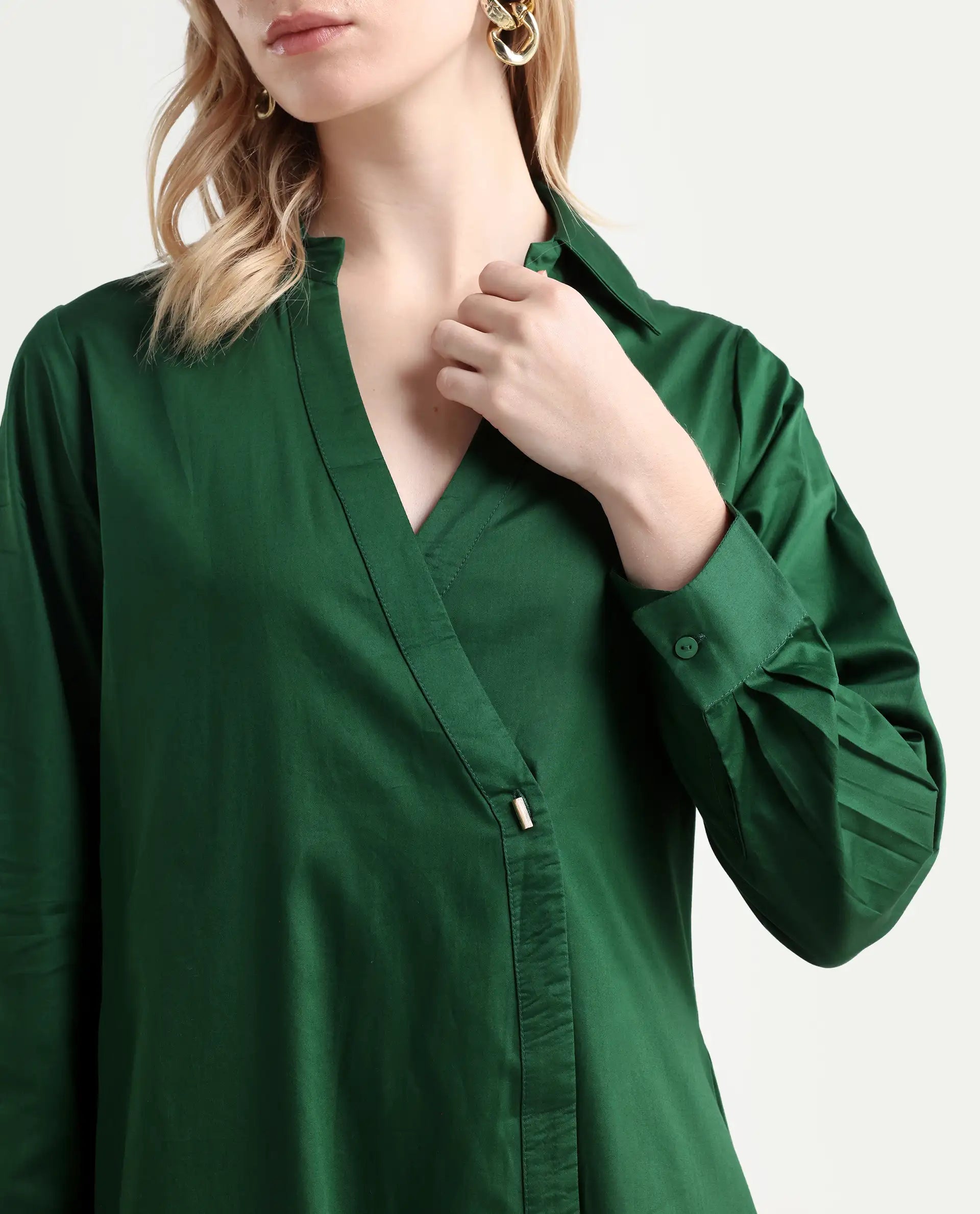 Rareism Women's Shikamaru Dark Green Cotton Blend Johnny Collar Plain Cuffed Sleeve Midi Relaxed Fit Dress