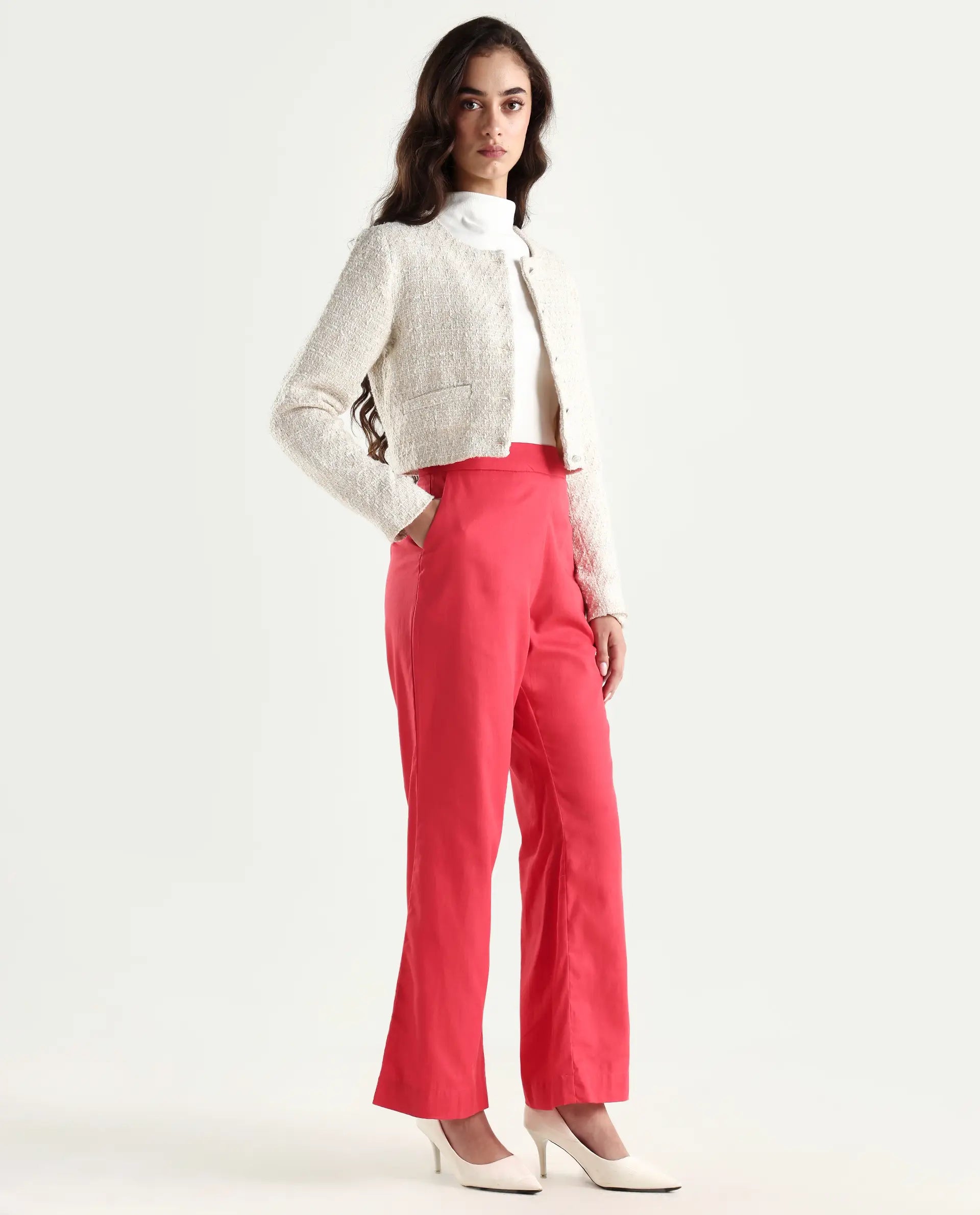 Rareism Women's Varese Light Orange Cotton Blend Plain Ankle Length Wide Leg Trouser