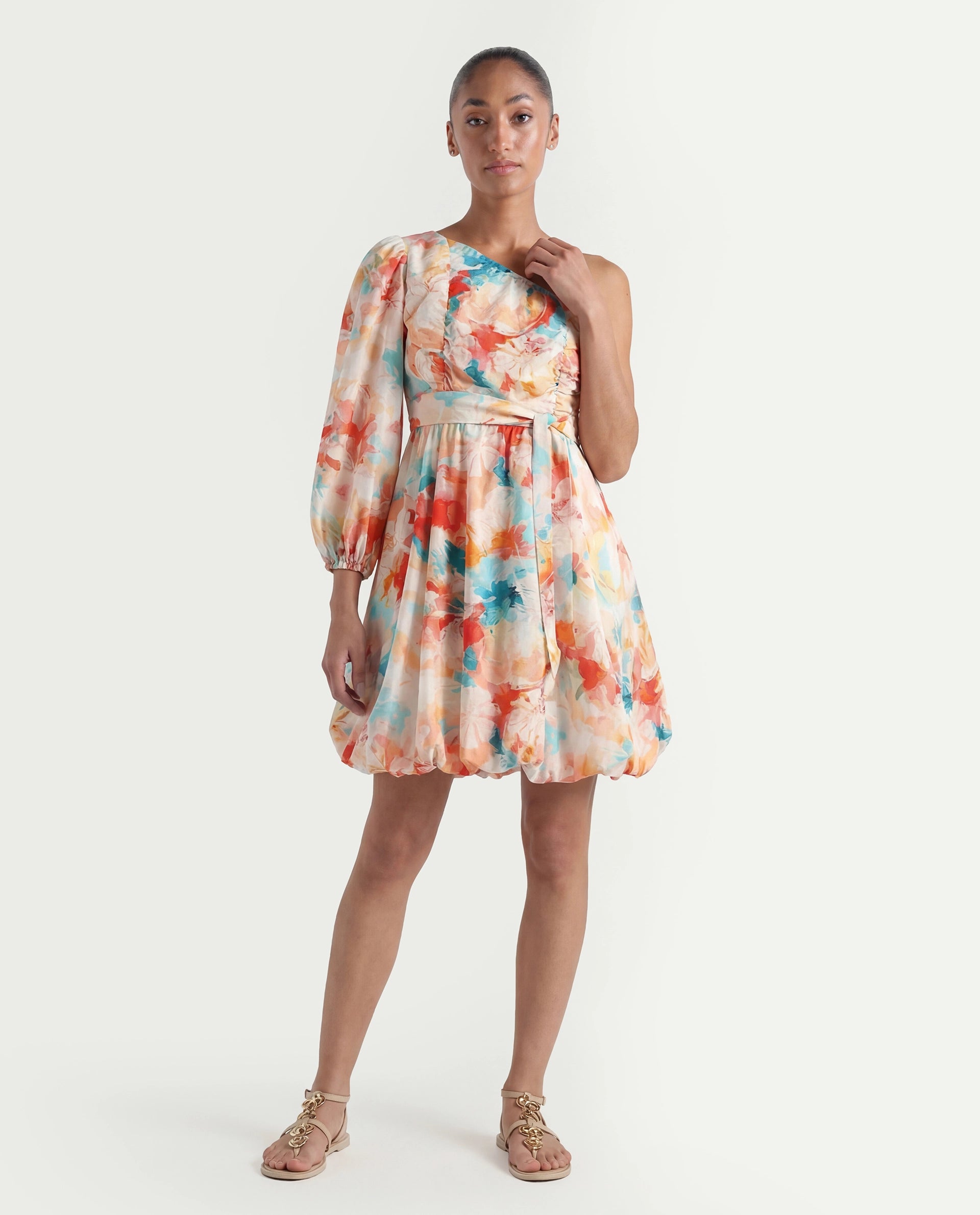 Rareism Women's Carmen Light Multi Nylon Blend One Shoulder Floral Print Bishop Sleeve Mini Fit And Flare Dress