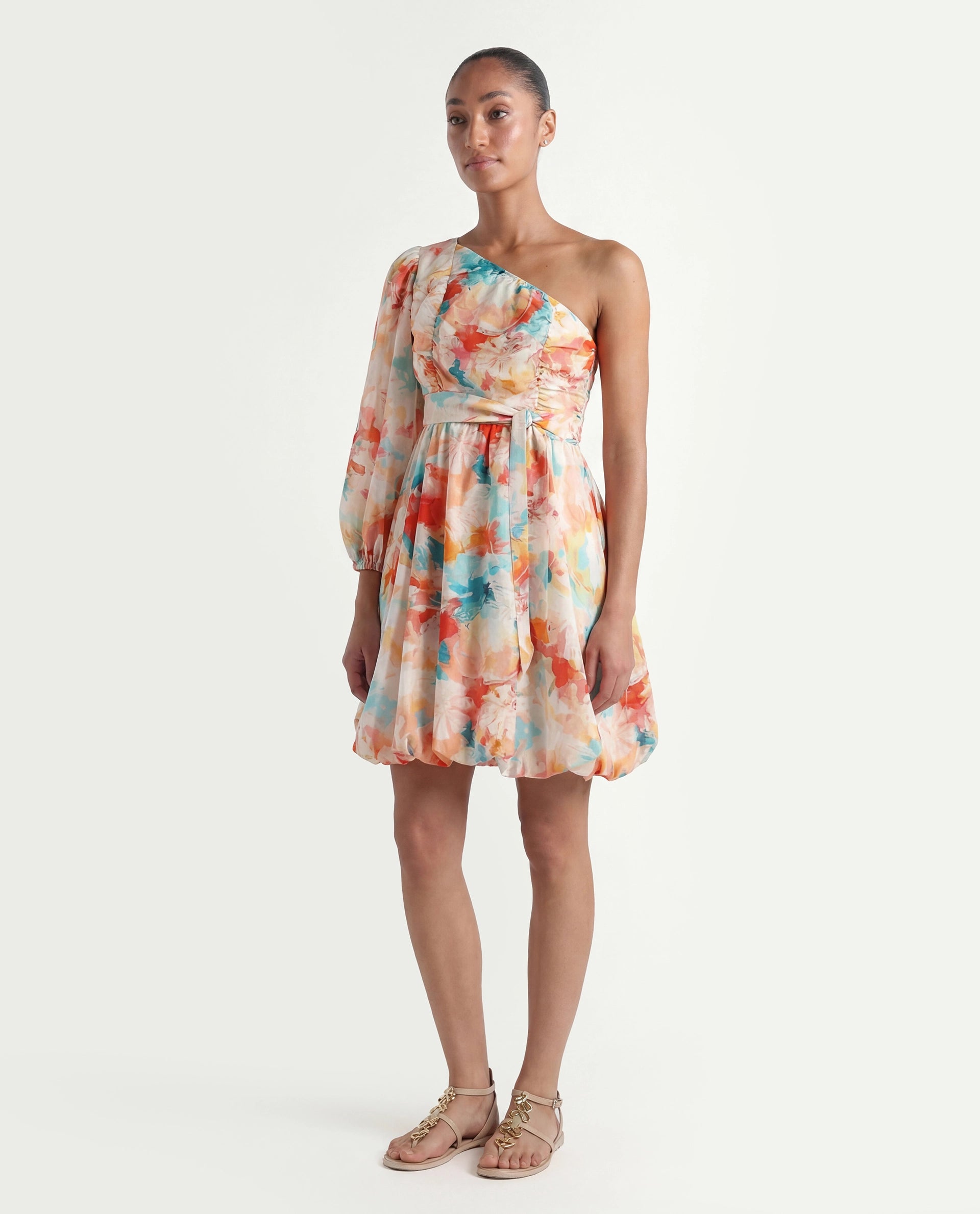 Rareism Women's Carmen Light Multi Nylon Blend One Shoulder Floral Print Bishop Sleeve Mini Fit And Flare Dress