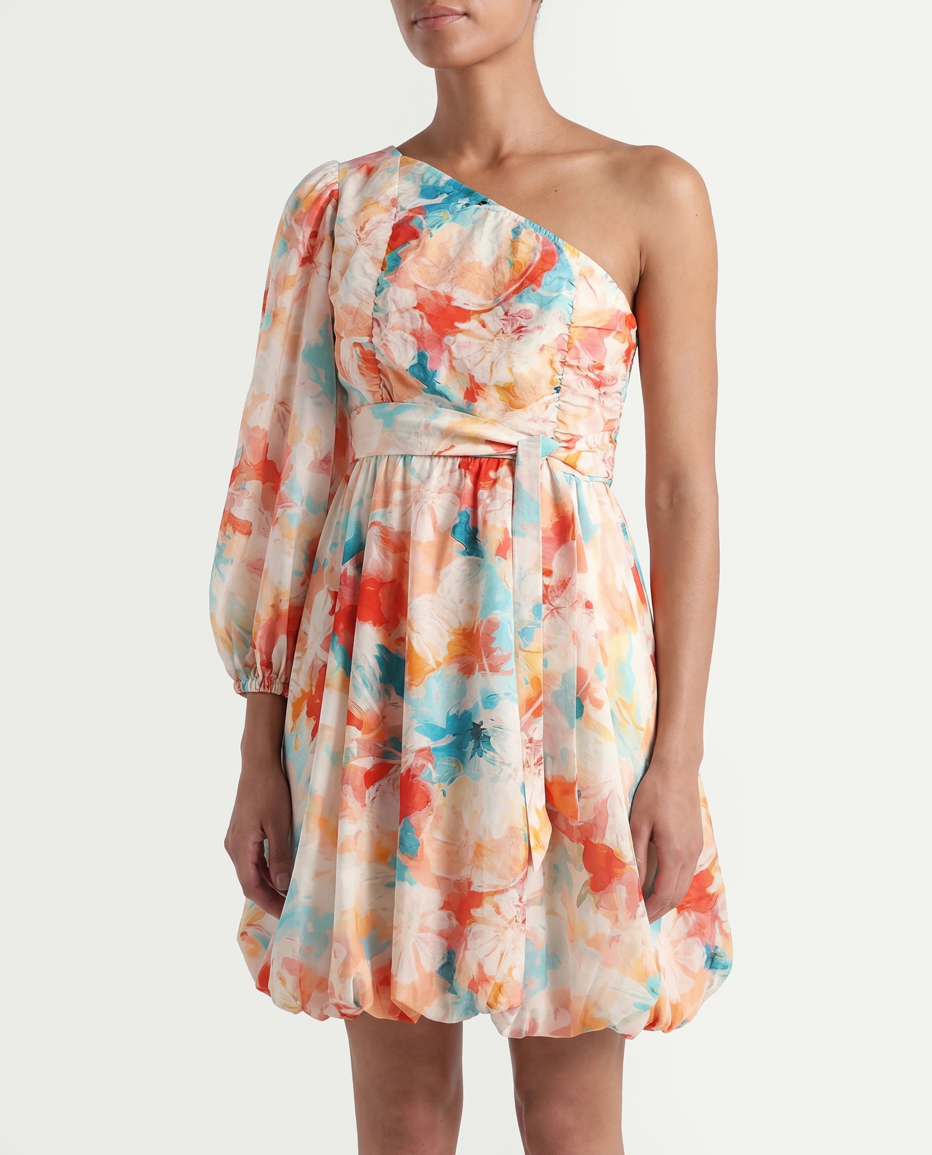 Rareism Women's Carmen Light Multi Nylon Blend One Shoulder Floral Print Bishop Sleeve Mini Fit And Flare Dress