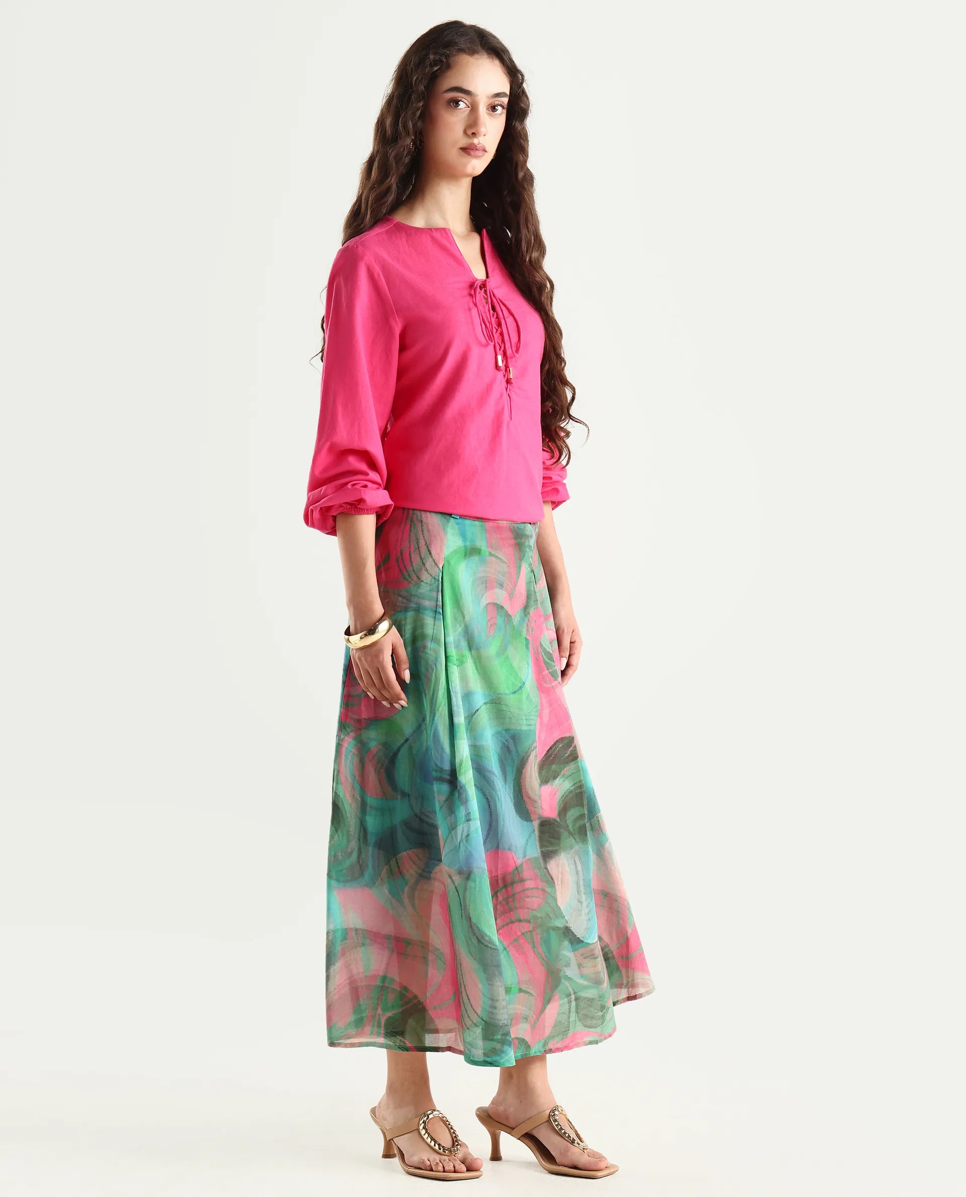 Rareism Women's Treviso Dusky Polyester Abstract Print Midi Flared Skirt