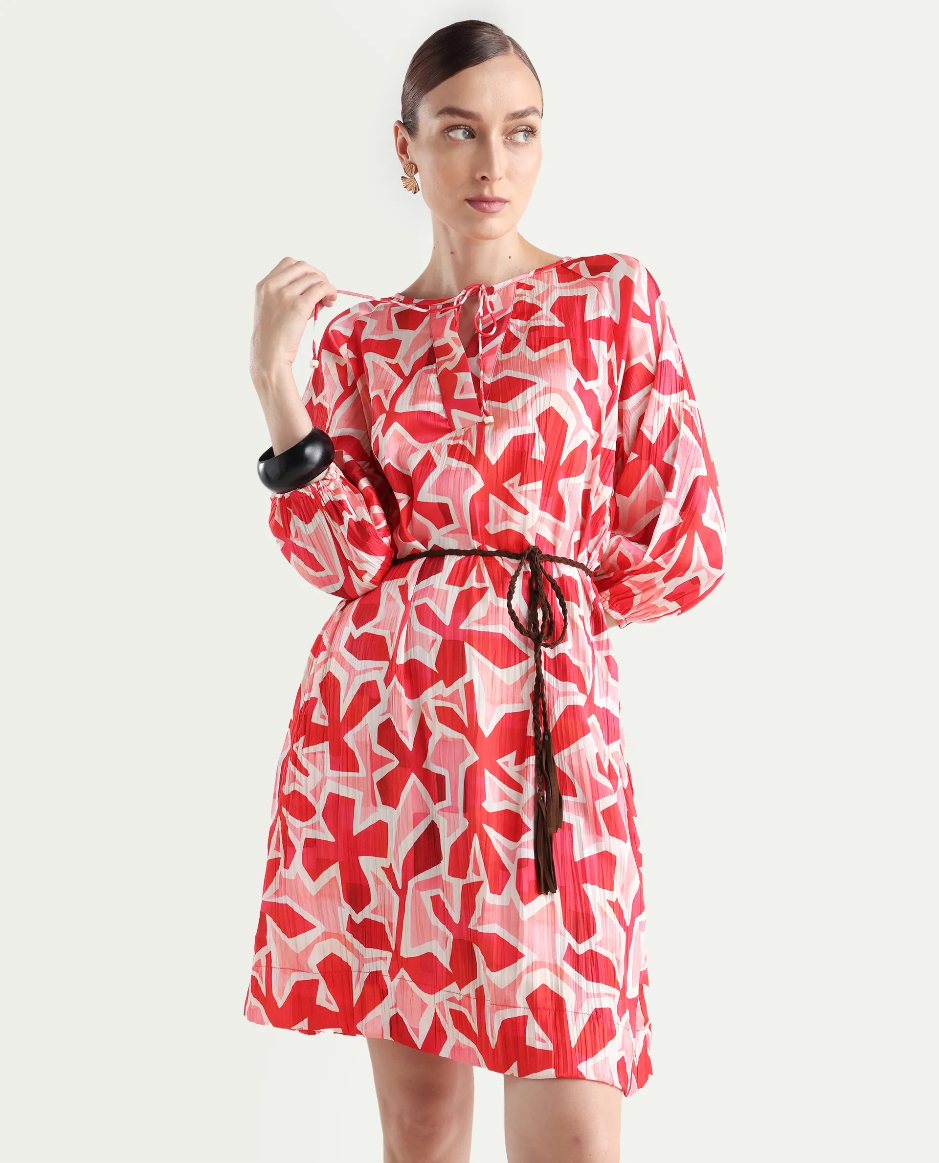 Rareism Women's Zoji Multi Polyester Tie-Up Neck Abstract Print Raglan Sleeve Mini Relaxed Fit Dress