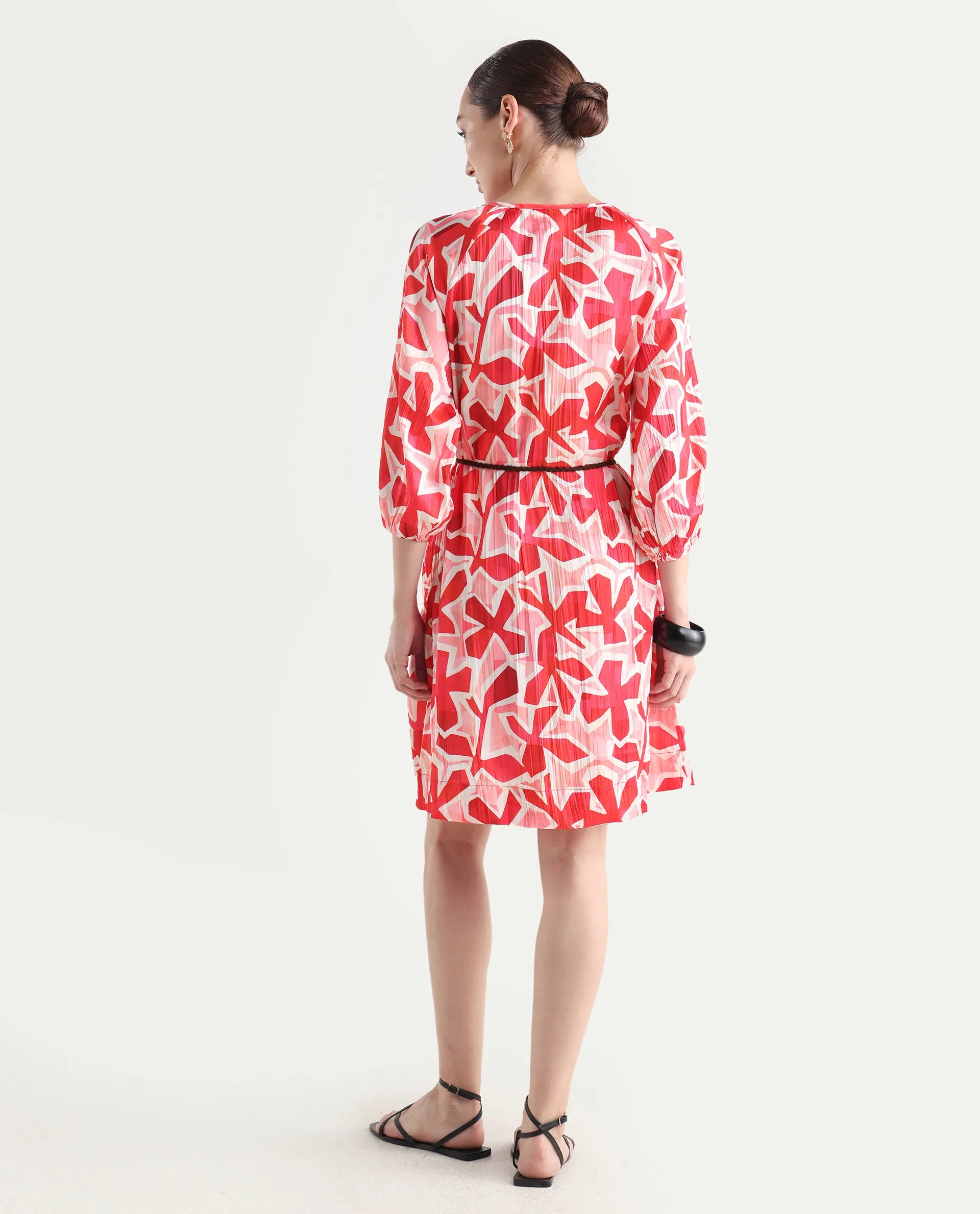 Rareism Women's Zoji Multi Polyester Tie-Up Neck Abstract Print Raglan Sleeve Mini Relaxed Fit Dress