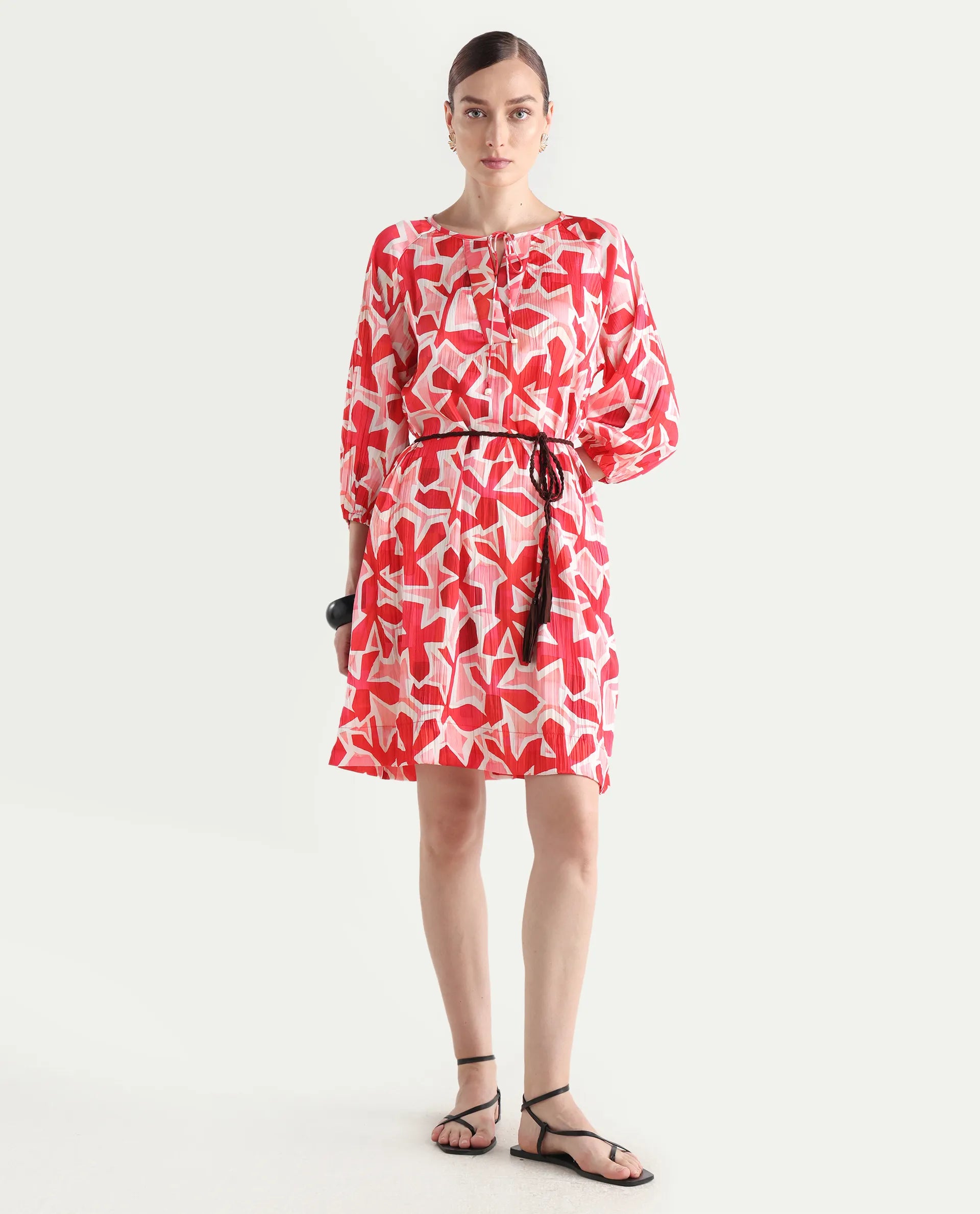 Rareism Women's Zoji Multi Polyester Tie-Up Neck Abstract Print Raglan Sleeve Mini Relaxed Fit Dress