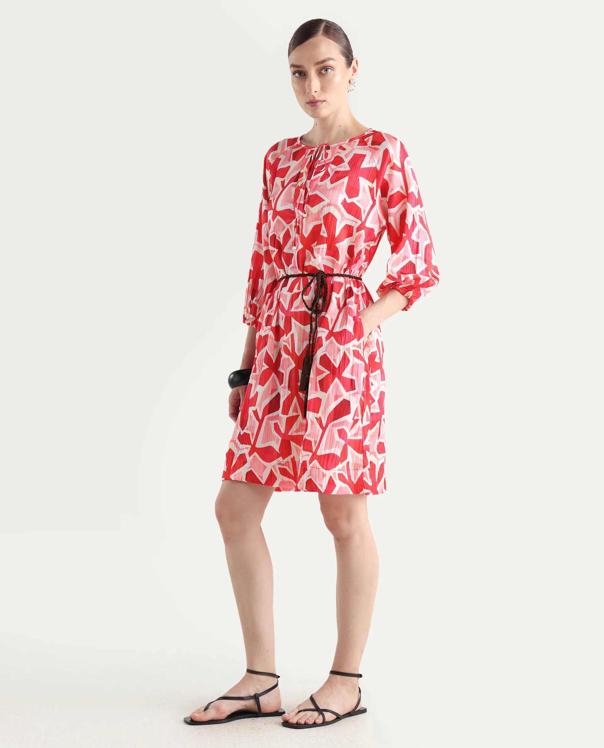 Rareism Women's Zoji Multi Polyester Tie-Up Neck Abstract Print Raglan Sleeve Mini Relaxed Fit Dress