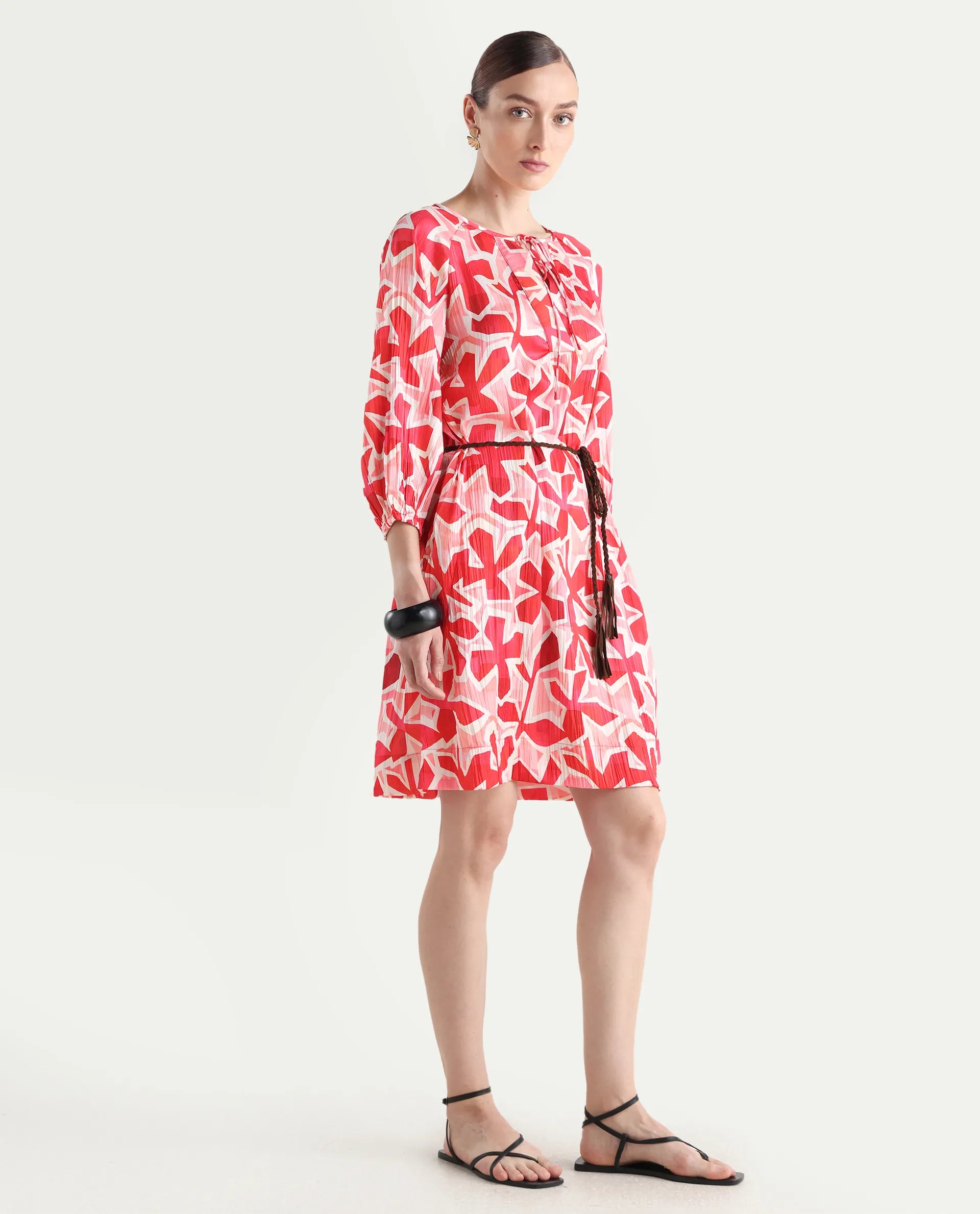 Rareism Women's Zoji Multi Polyester Tie-Up Neck Abstract Print Raglan Sleeve Mini Relaxed Fit Dress