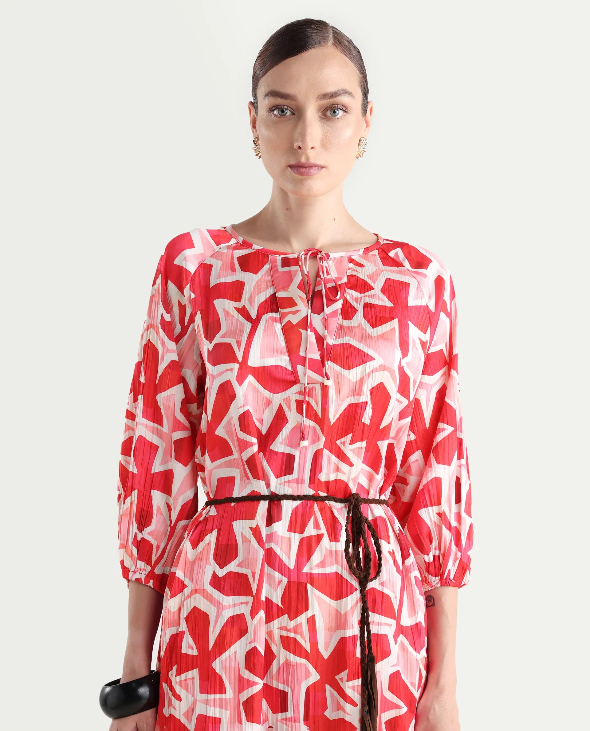 Rareism Women's Zoji Multi Polyester Tie-Up Neck Abstract Print Raglan Sleeve Mini Relaxed Fit Dress