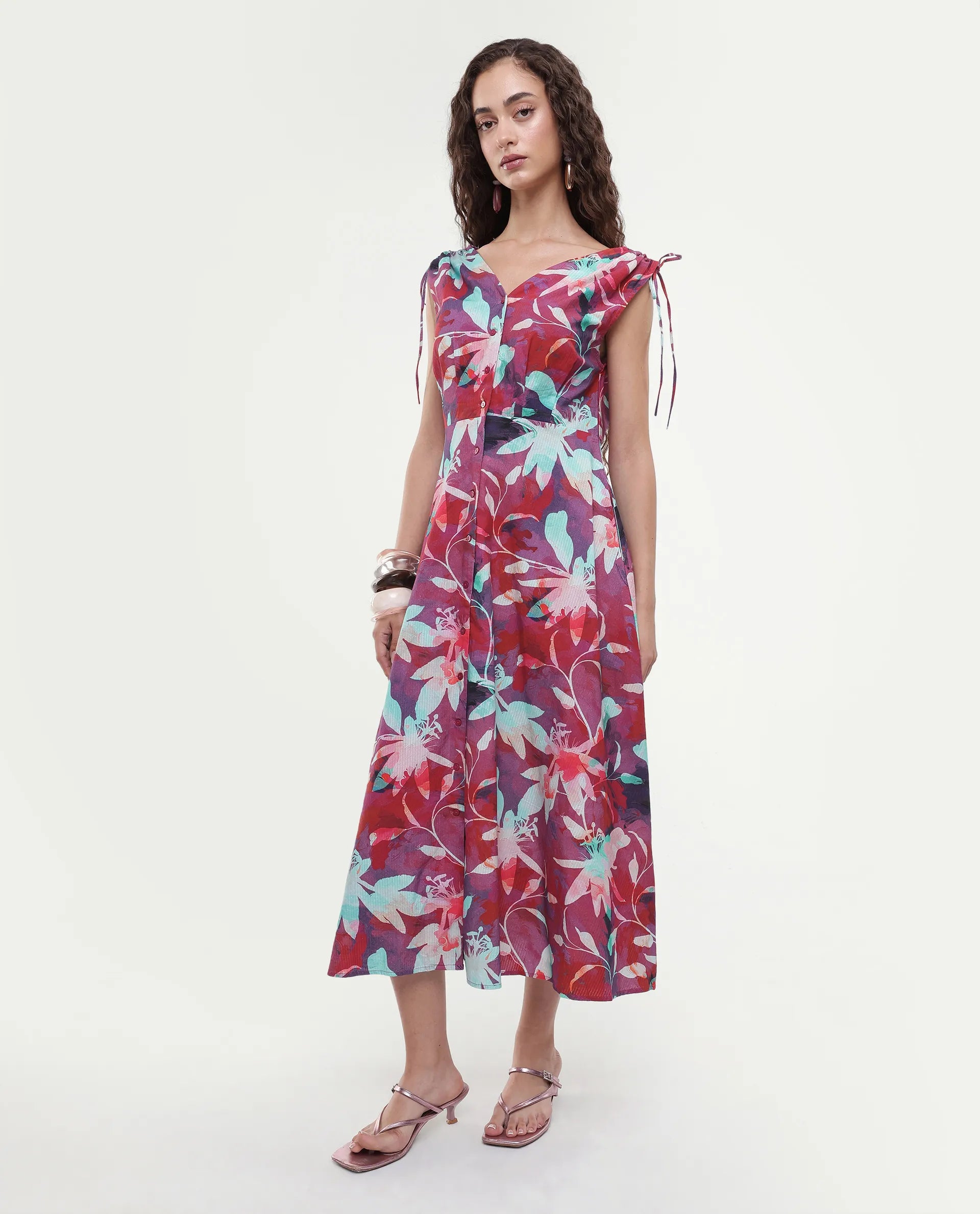 Rareism Women's Terumi Dark Multi Cotton Blend V-Neck Floral Print Sleeveless Midi Regular Fit Dress