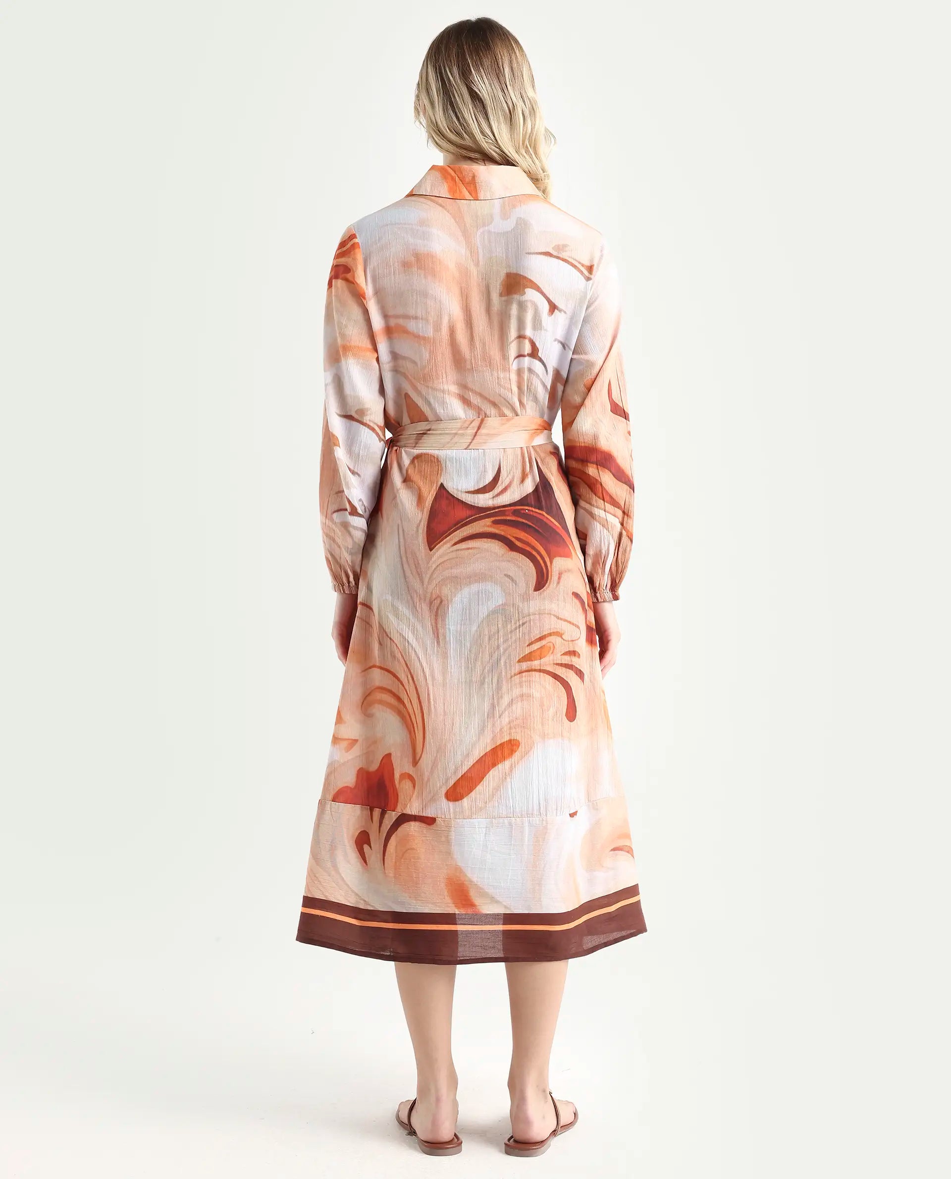 Rareism Women's Massa Light Multi Viscose Blend Drop Collar Abstract Print Bishop Sleeve Midi Relaxed Fit Dress