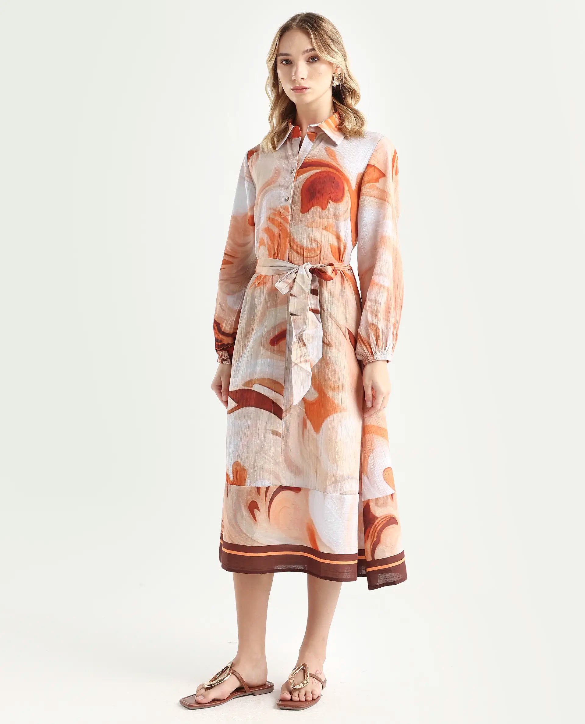 Rareism Women's Massa Light Multi Viscose Blend Drop Collar Abstract Print Bishop Sleeve Midi Relaxed Fit Dress