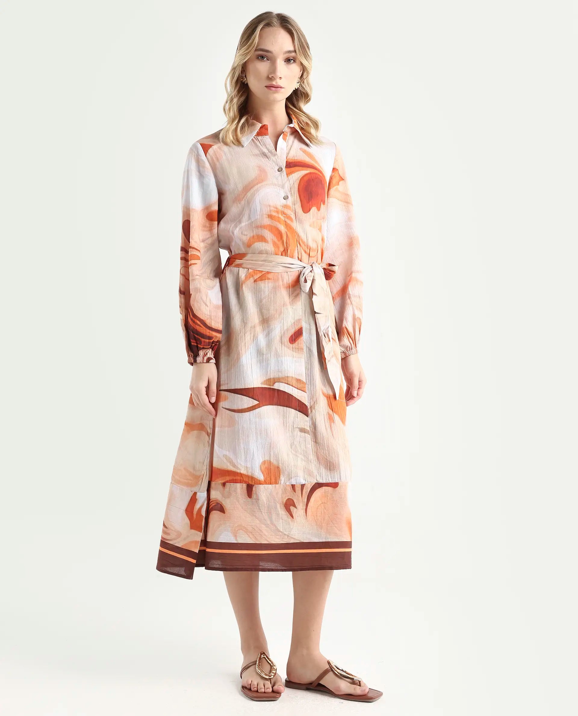 Rareism Women's Massa Light Multi Viscose Blend Drop Collar Abstract Print Bishop Sleeve Midi Relaxed Fit Dress