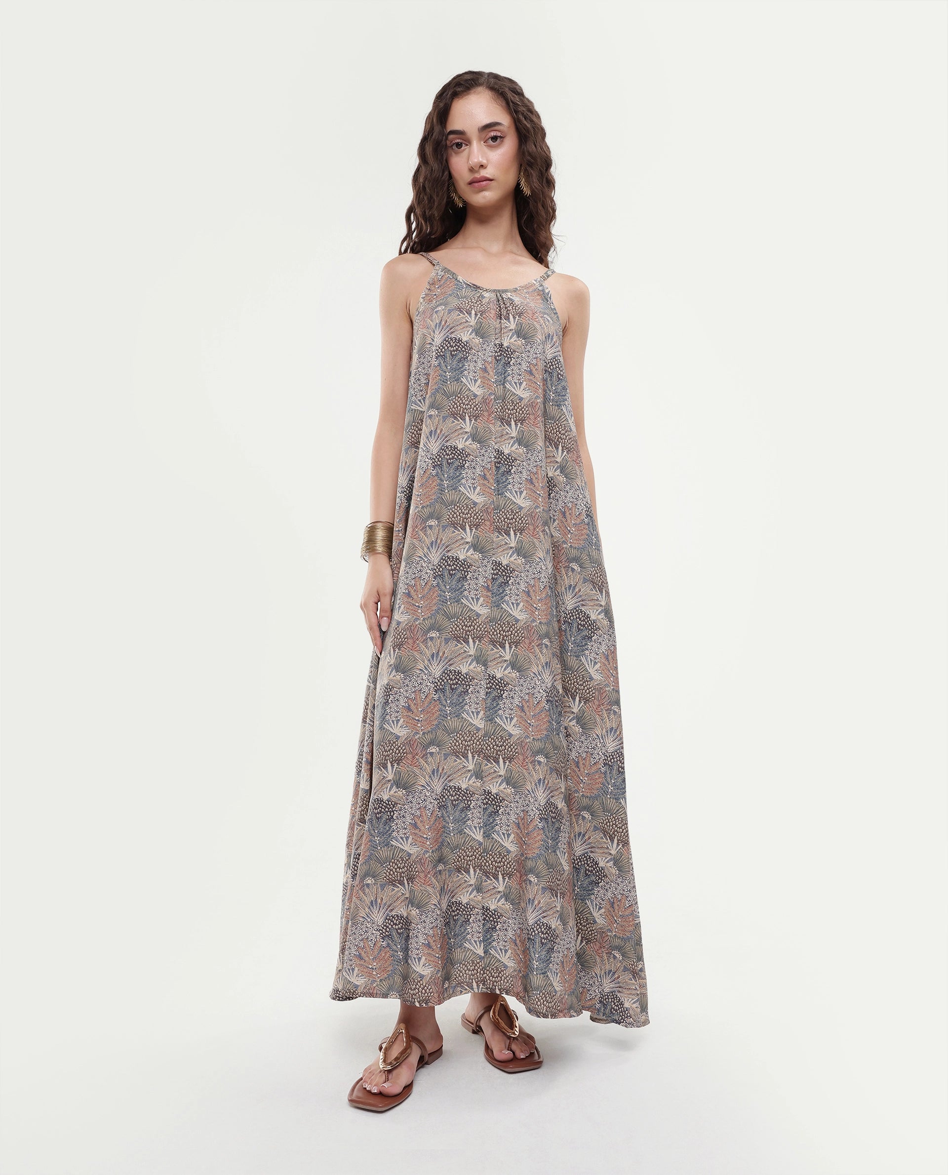 Rareism Women's Marvia Dark Multi Polyester Shoulder Strap Botanical Print Sleeveless Maxi Flared Dress