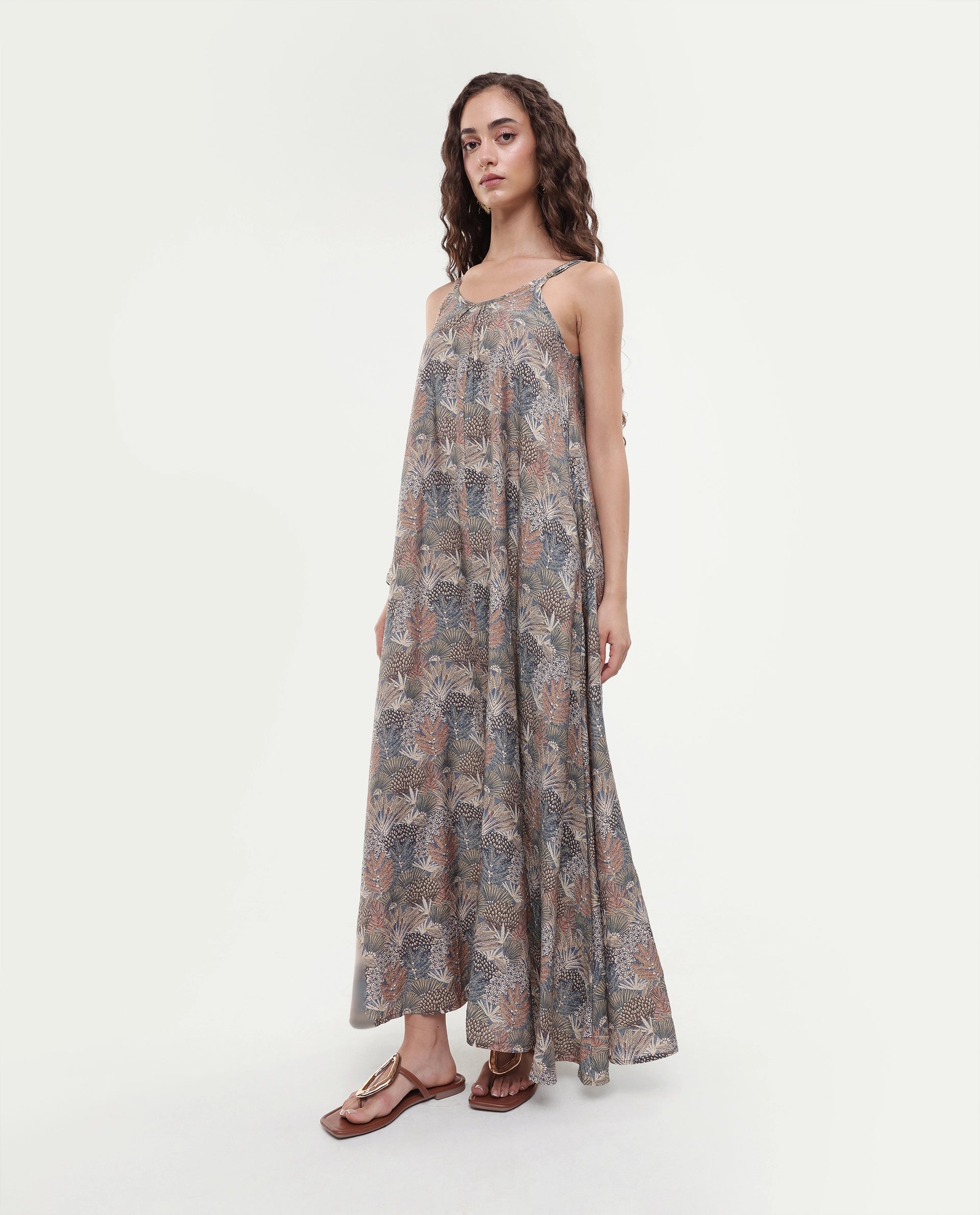 Rareism Women's Marvia Dark Multi Polyester Shoulder Strap Botanical Print Sleeveless Maxi Flared Dress