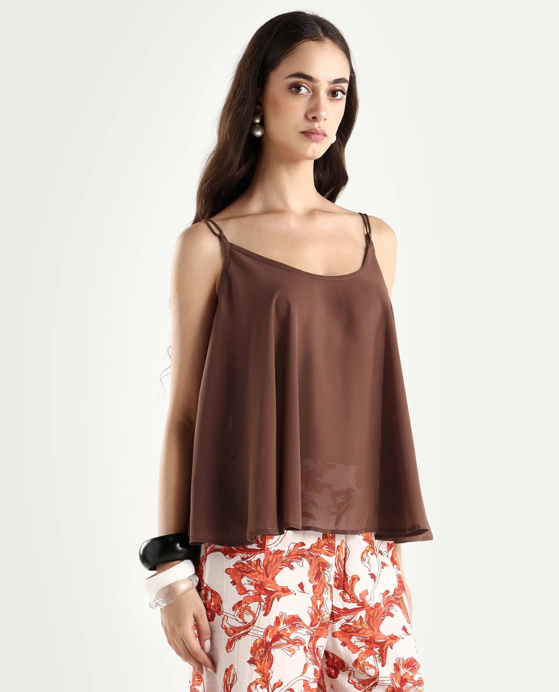 Rareism Women's Kuso Rust Polyester Shoulder Strap Plain Sleeveless Relaxed Fit Top