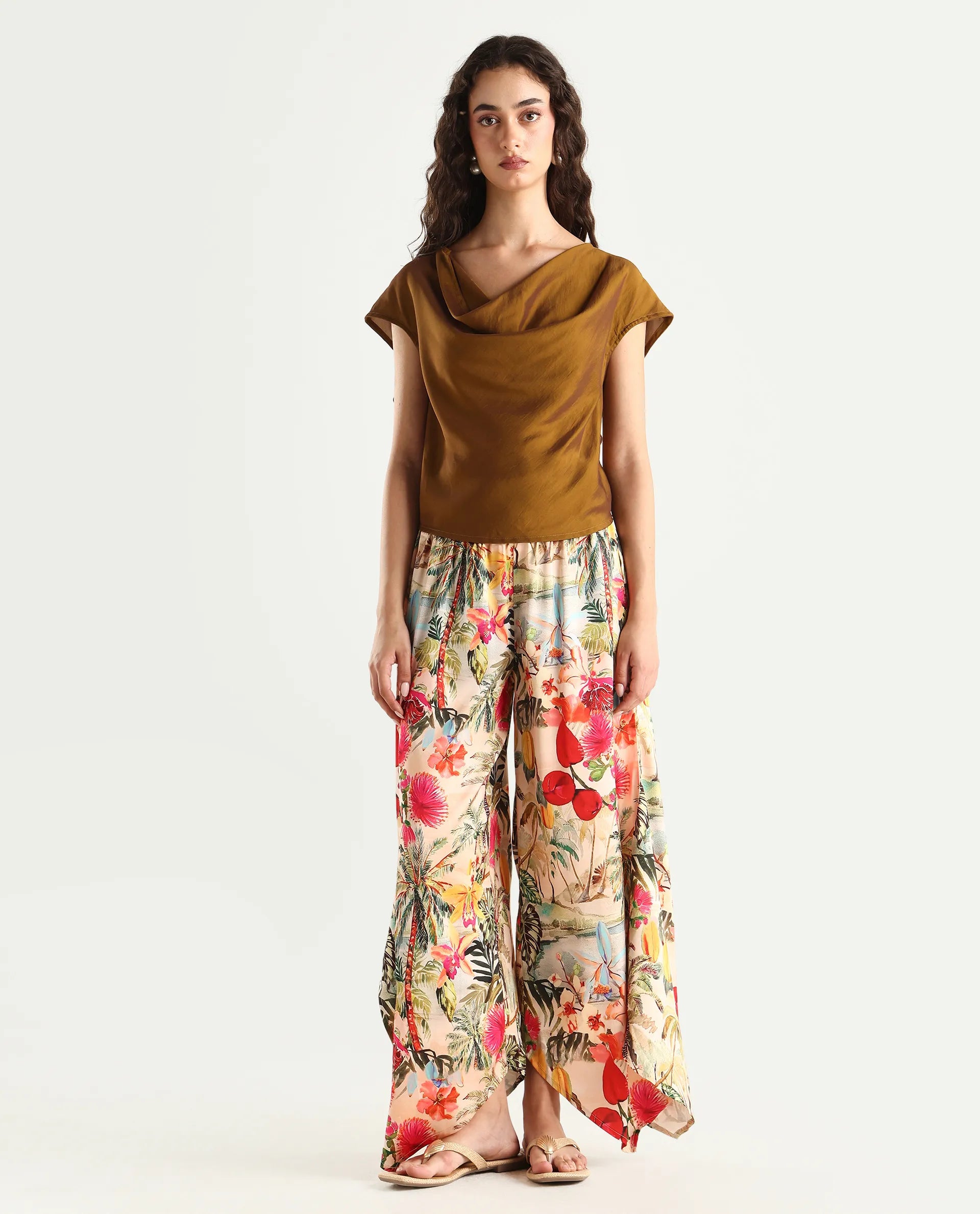 Rareism Women's Janary Multi Cotton Blend Tropical Print Ankle Length Flared Trouser