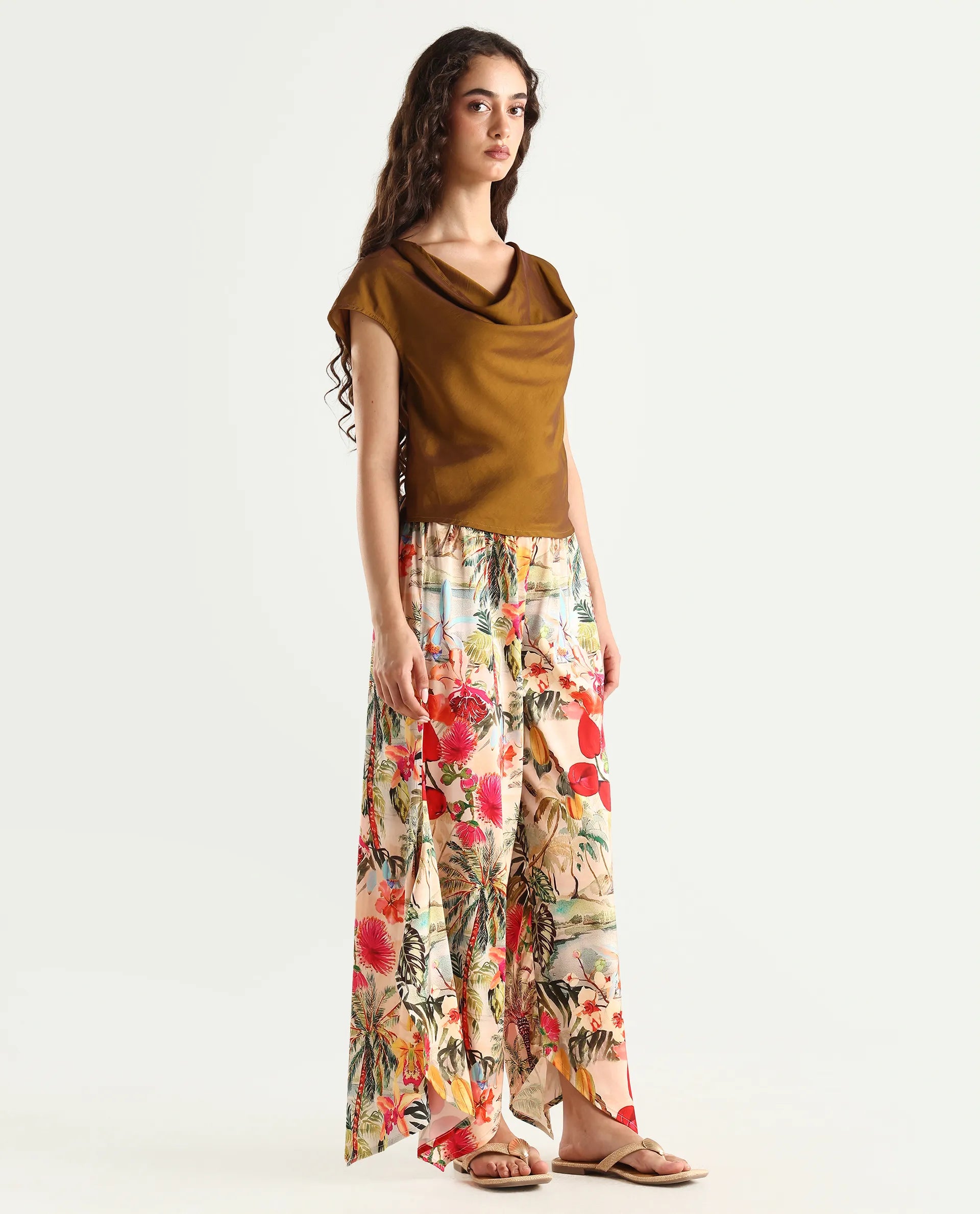Rareism Women's Janary Multi Cotton Blend Tropical Print Ankle Length Flared Trouser
