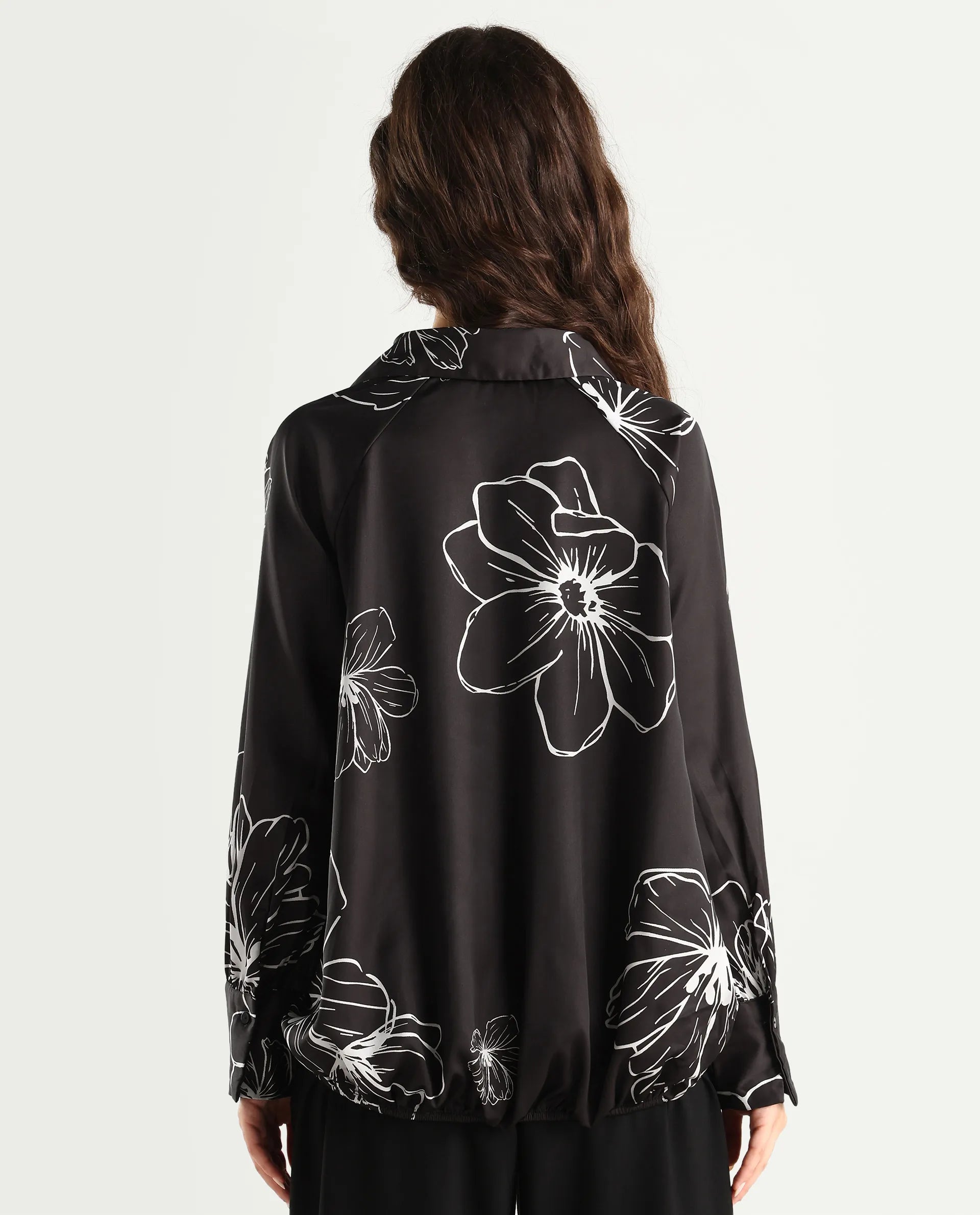 Rareism Women's Olin Dark Brown Polyester Drop Collar Floral Print Raglan Sleeve Regular Fit Top