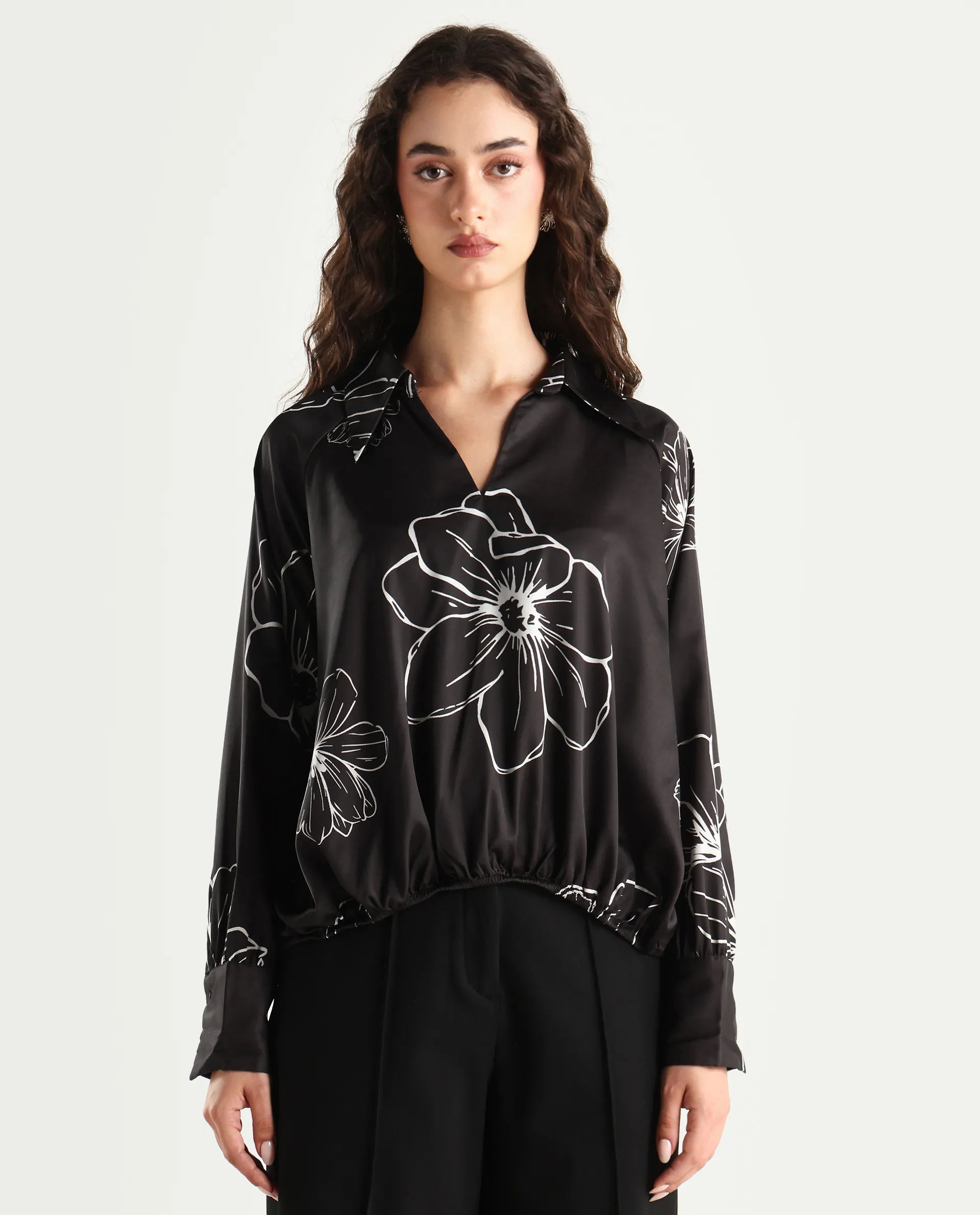 Rareism Women's Olin Dark Brown Polyester Drop Collar Floral Print Raglan Sleeve Regular Fit Top