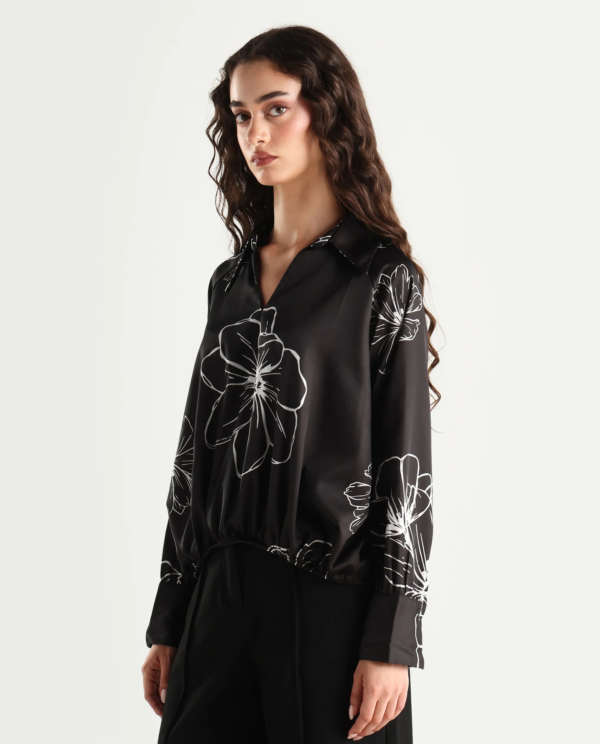 Rareism Women's Olin Dark Brown Polyester Drop Collar Floral Print Raglan Sleeve Regular Fit Top