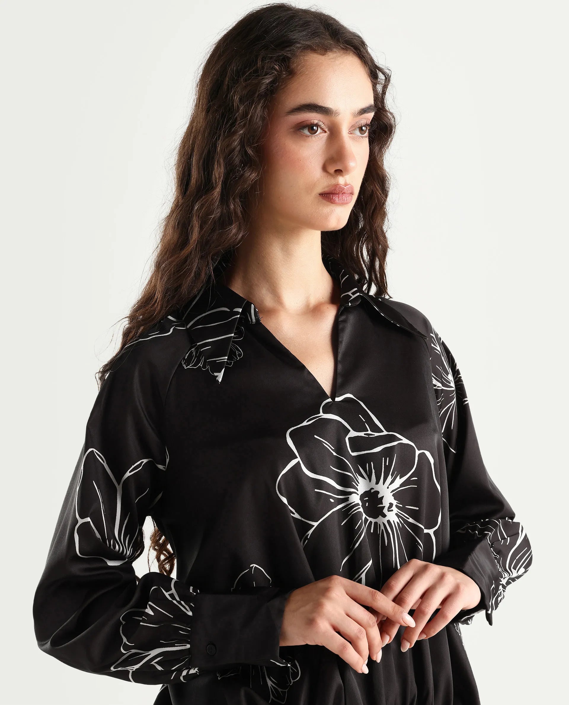 Rareism Women's Olin Dark Brown Polyester Drop Collar Floral Print Raglan Sleeve Regular Fit Top