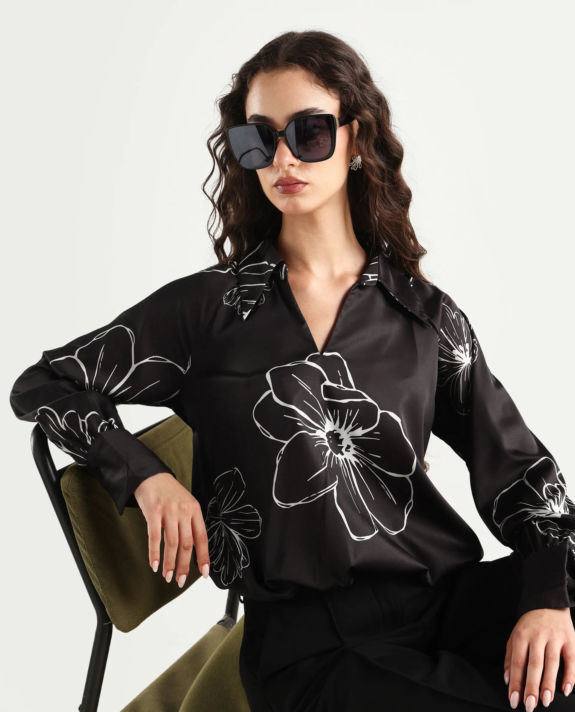 Rareism Women's Olin Dark Brown Polyester Drop Collar Floral Print Raglan Sleeve Regular Fit Top