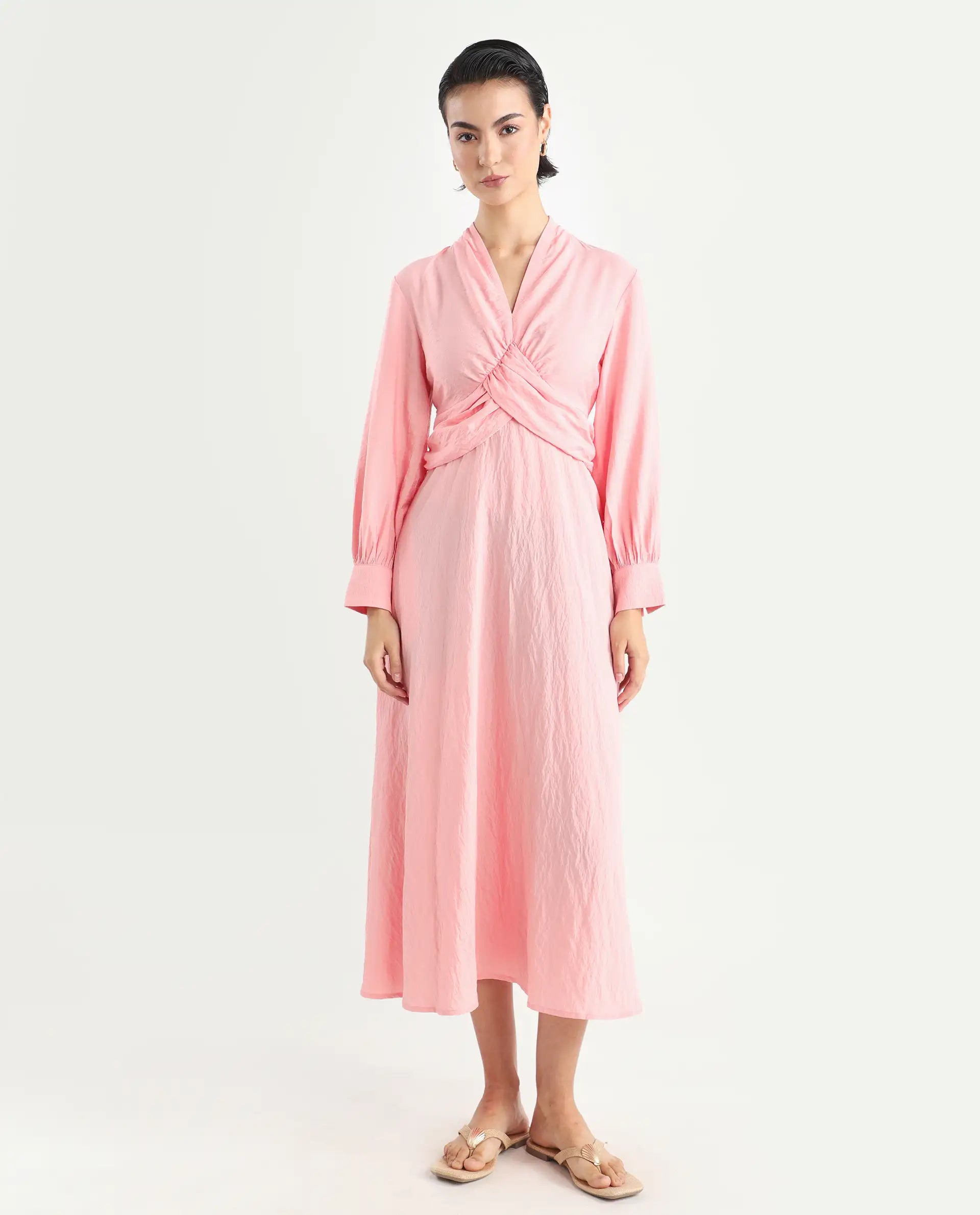 Rareism Women's Samran Peach Nylon Blend V-Neck Plain Bishop Sleeve Maxi Fit And Flare Dress