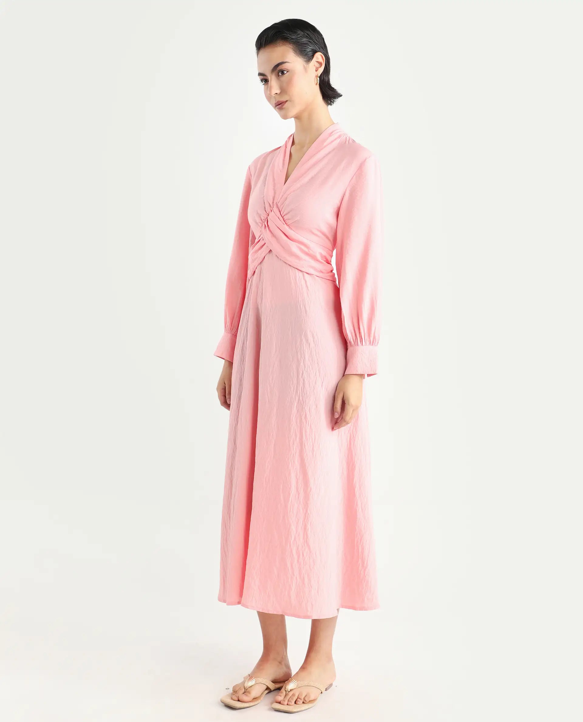 Rareism Women's Samran Peach Nylon Blend V-Neck Plain Bishop Sleeve Maxi Fit And Flare Dress