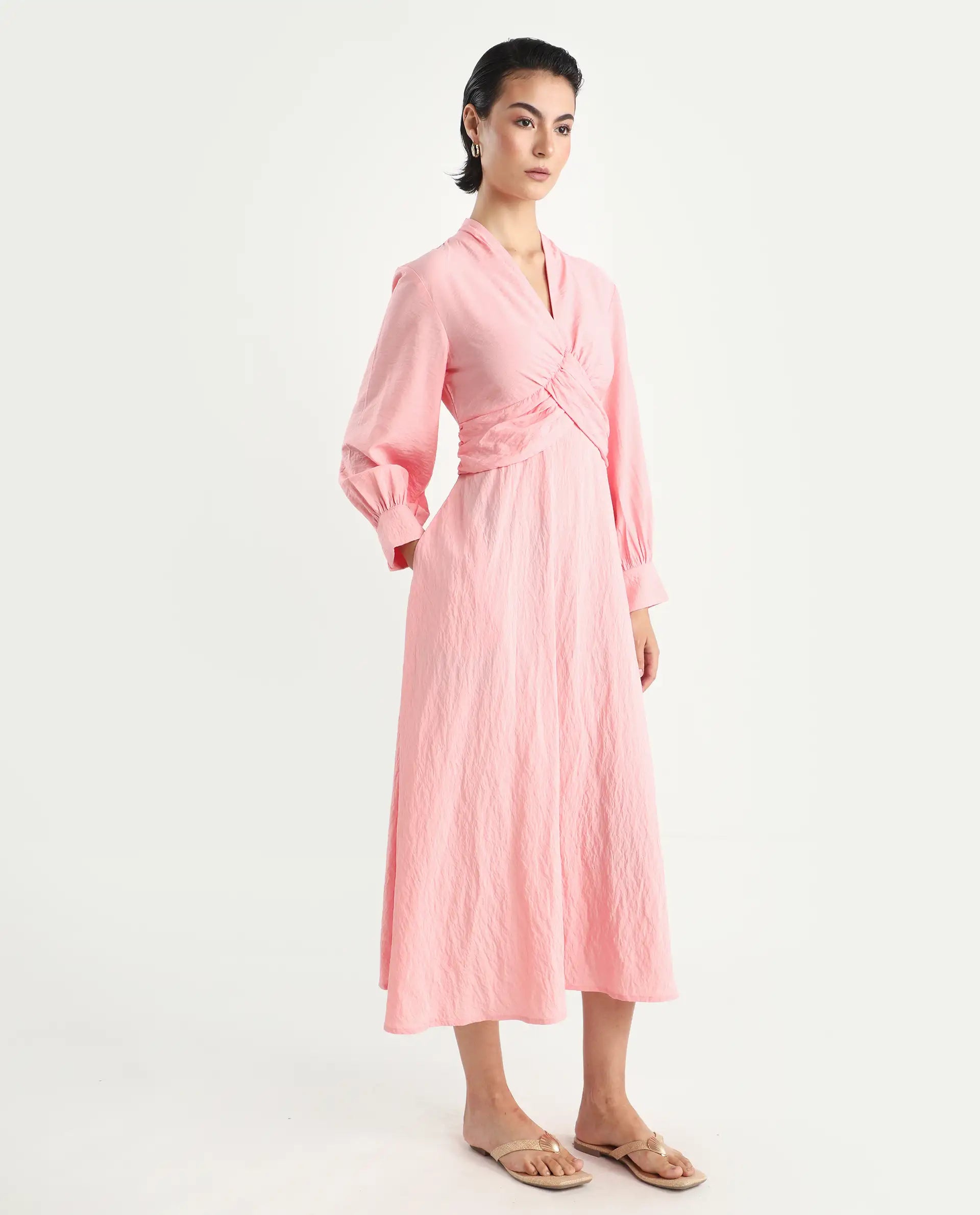 Rareism Women's Samran Peach Nylon Blend V-Neck Plain Bishop Sleeve Maxi Fit And Flare Dress