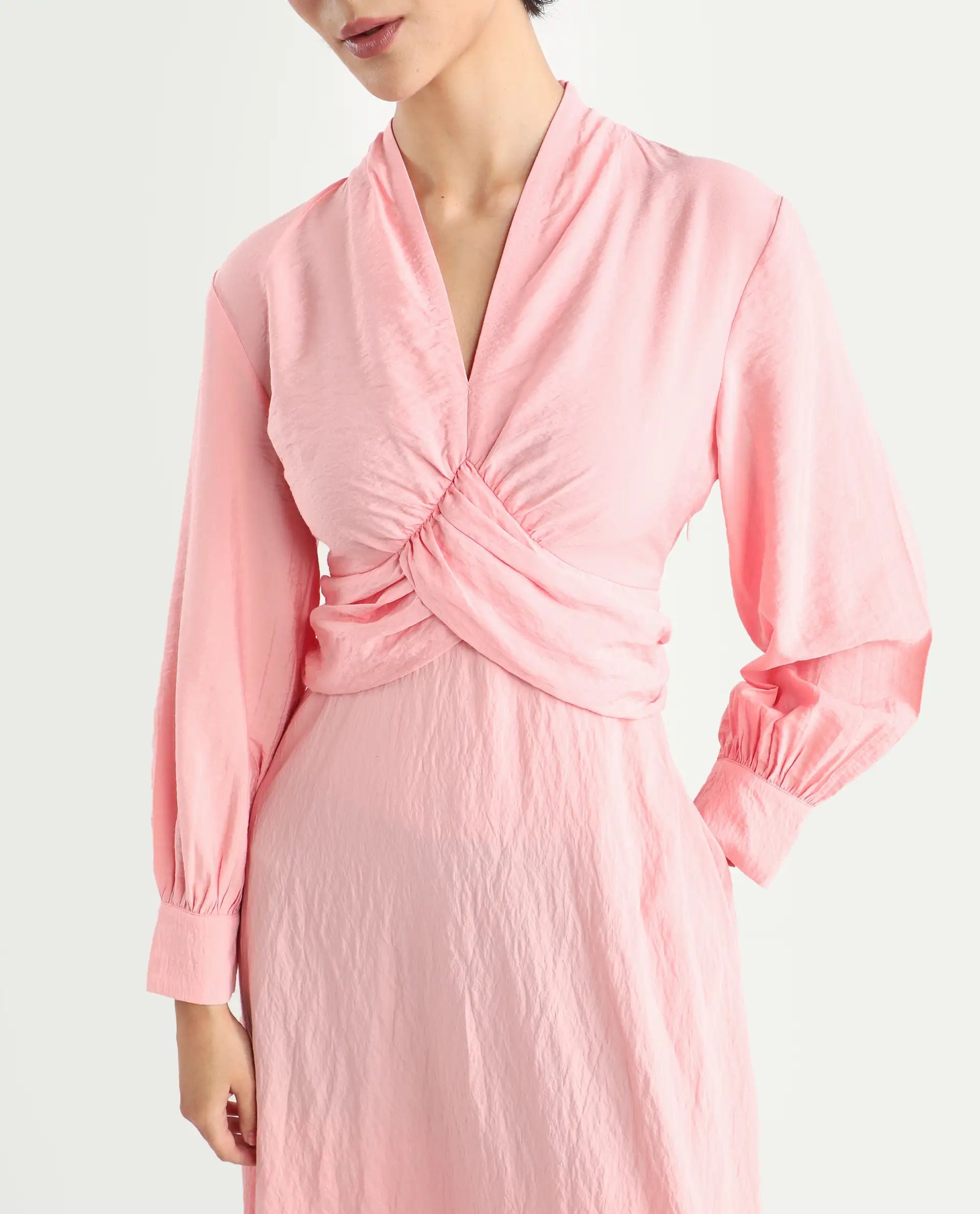 Rareism Women's Samran Peach Nylon Blend V-Neck Plain Bishop Sleeve Maxi Fit And Flare Dress