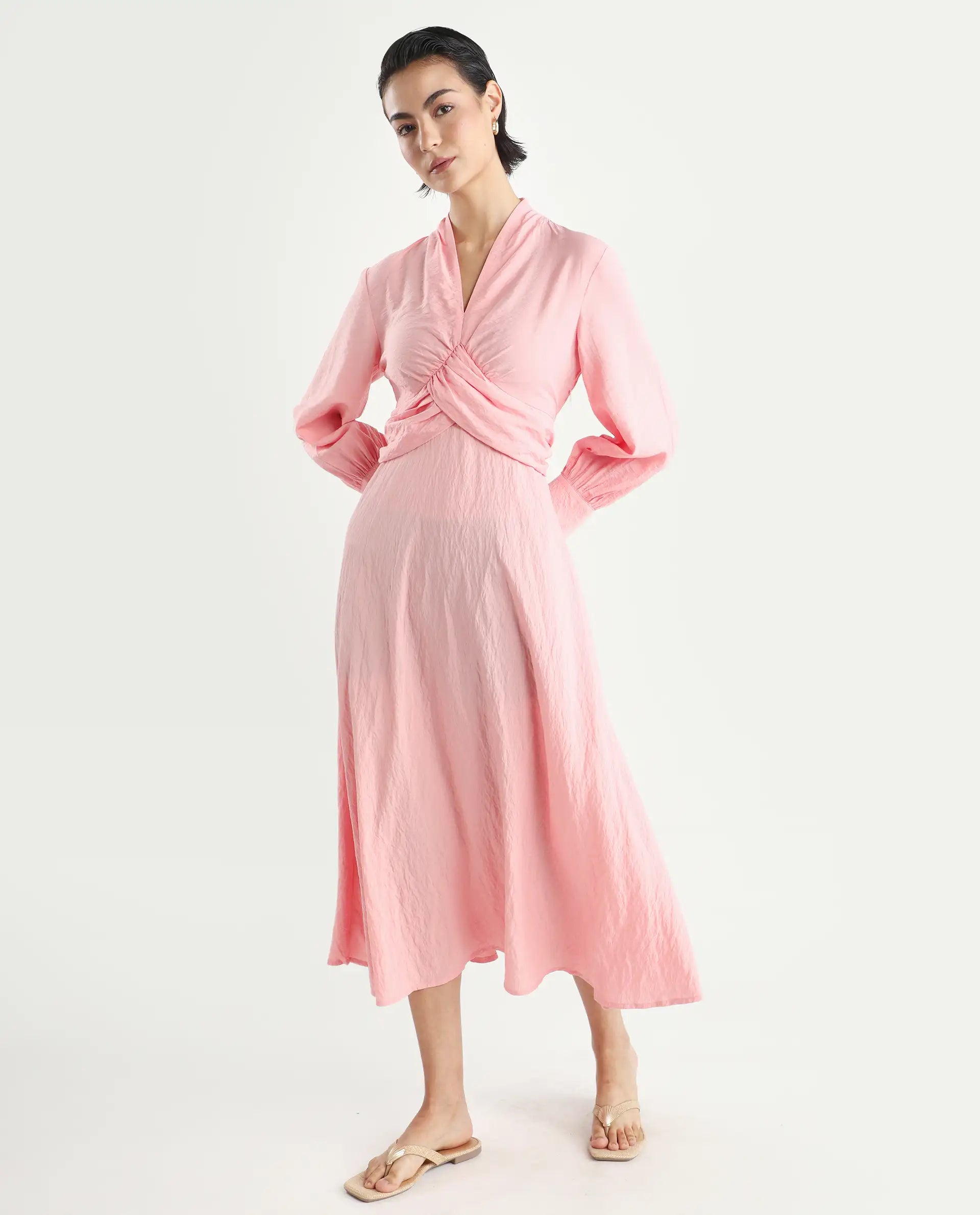 Rareism Women's Samran Peach Nylon Blend V-Neck Plain Bishop Sleeve Maxi Fit And Flare Dress