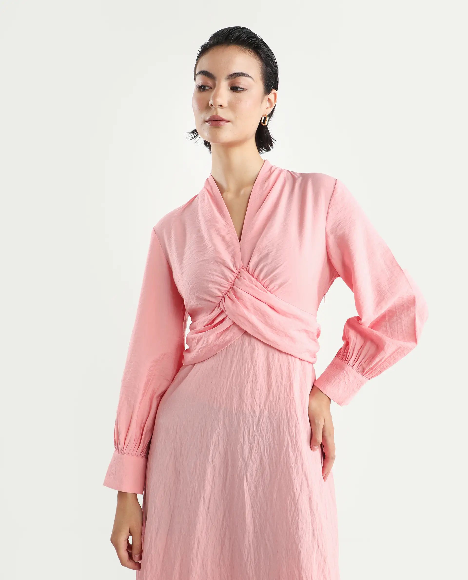 Rareism Women's Samran Peach Nylon Blend V-Neck Plain Bishop Sleeve Maxi Fit And Flare Dress