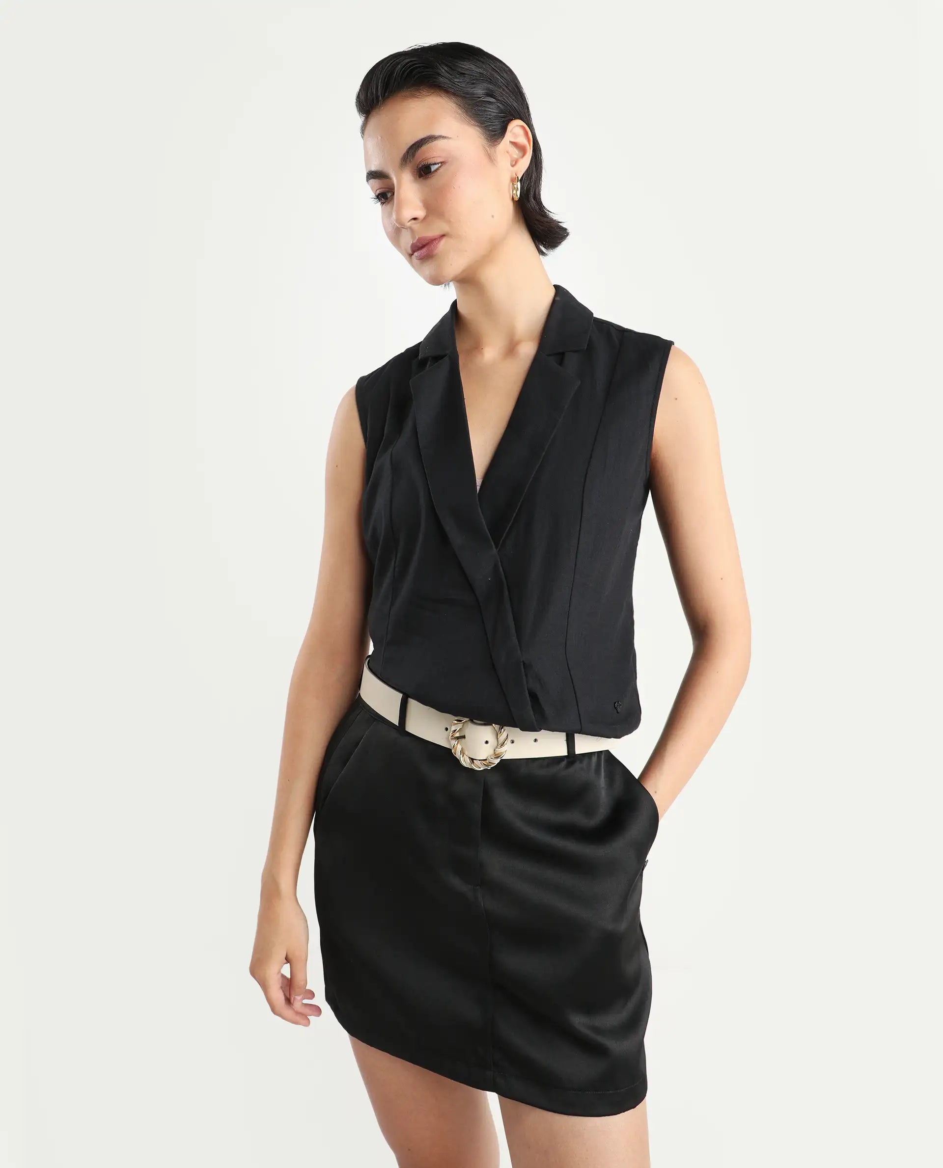 Rareism Women's Lolia Black Cotton Blend Lapel Neck Plain Sleeveless Regular Fit Top