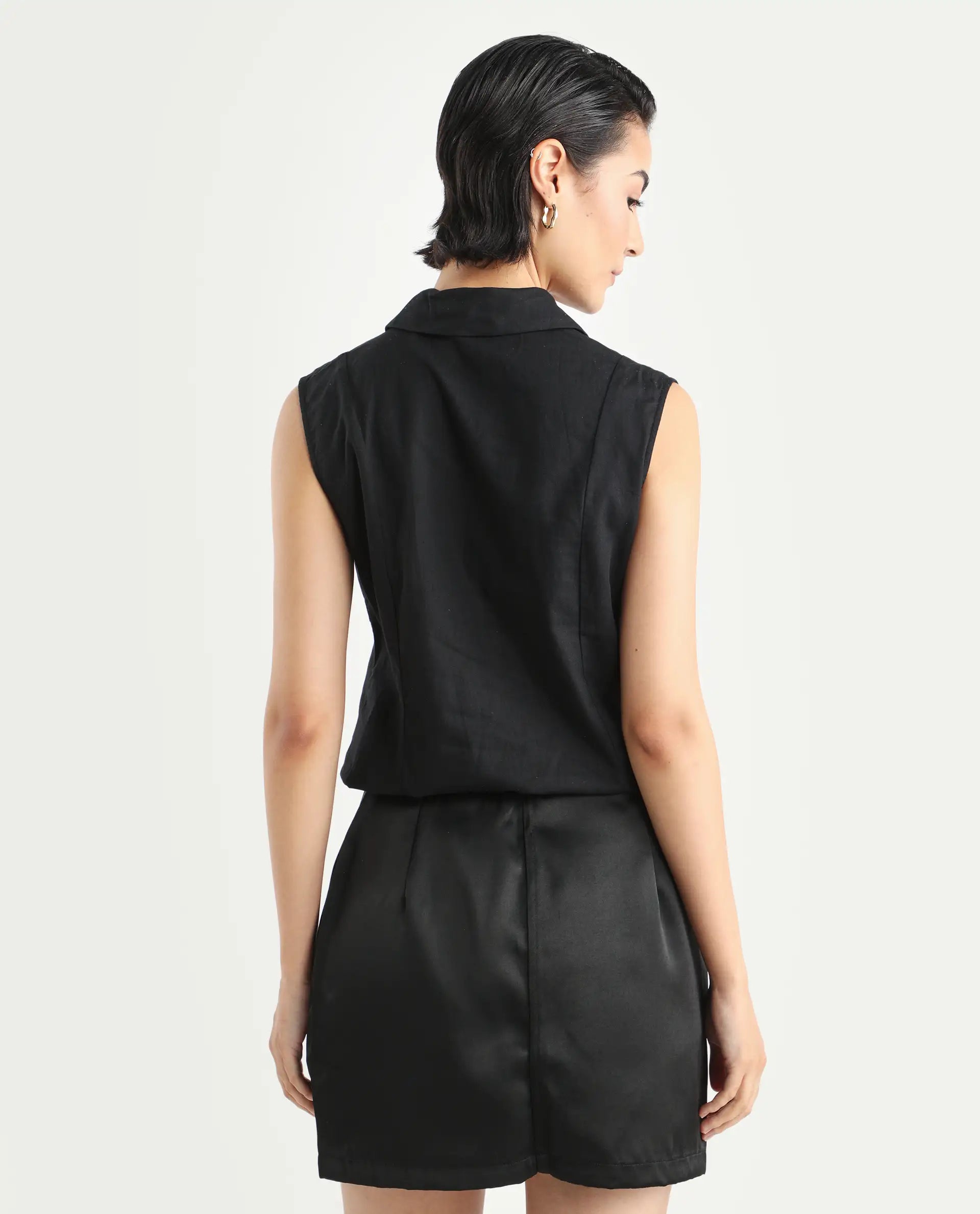 Rareism Women's Lolia Black Cotton Blend Lapel Neck Plain Sleeveless Regular Fit Top