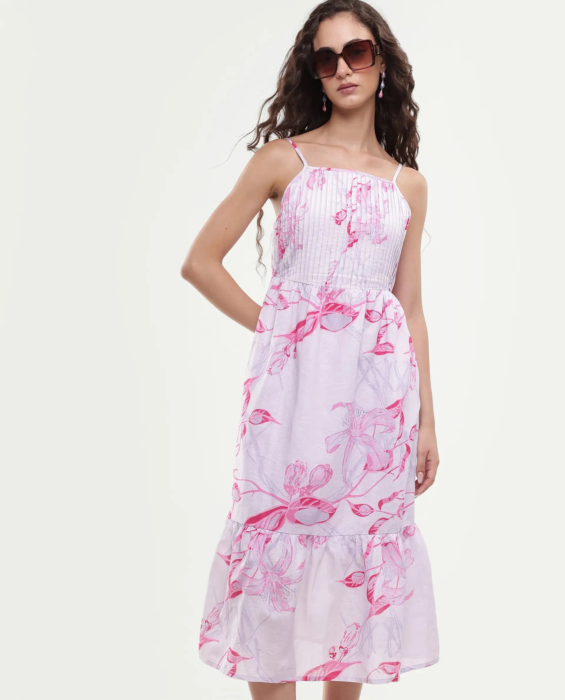 Rareism Women's Kanora Dusky Purple Cotton Blend Shoulder Strap Floral Print Sleeveless Midi Fit And Flare Dress