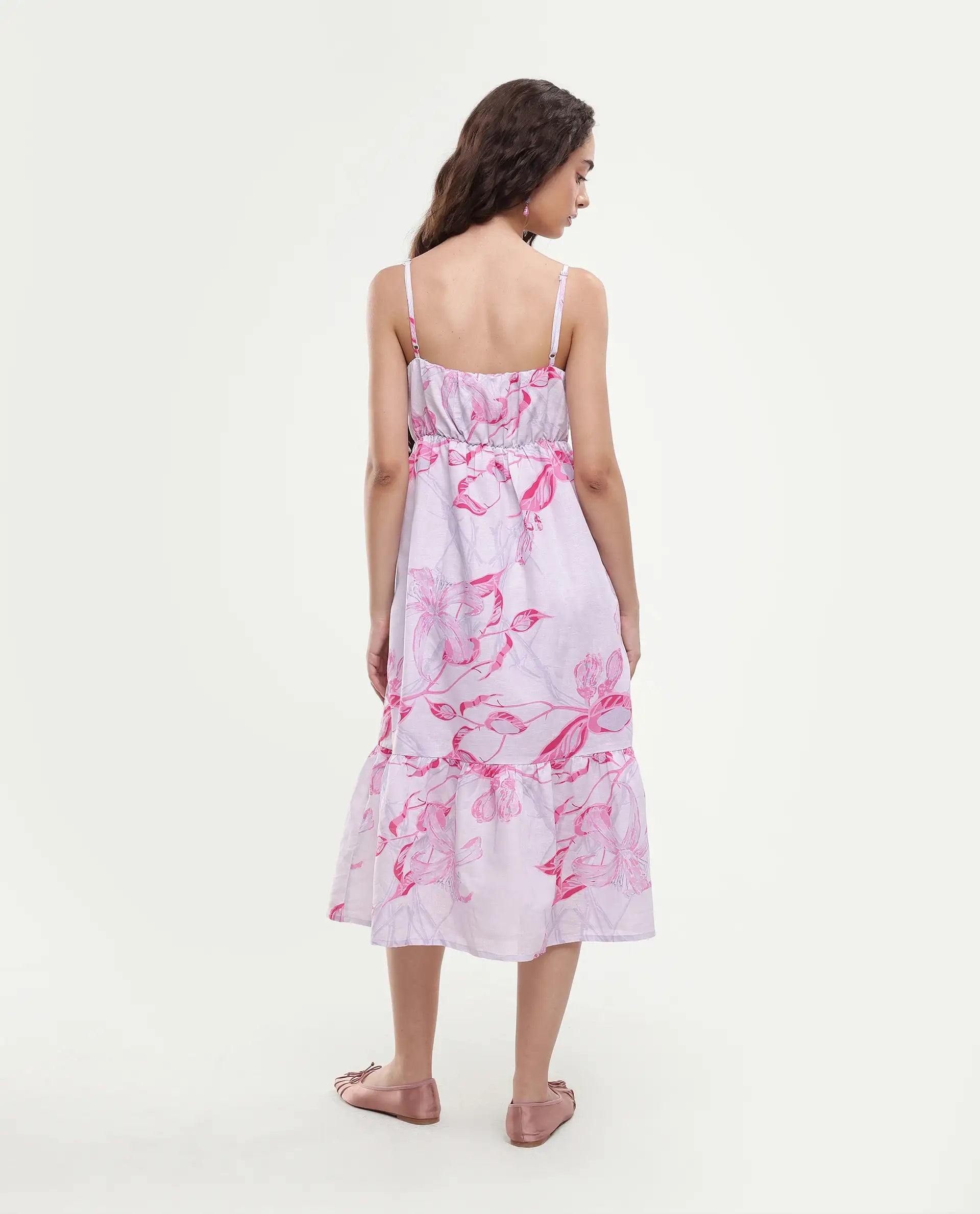 Rareism Women's Kanora Dusky Purple Cotton Blend Shoulder Strap Floral Print Sleeveless Midi Fit And Flare Dress
