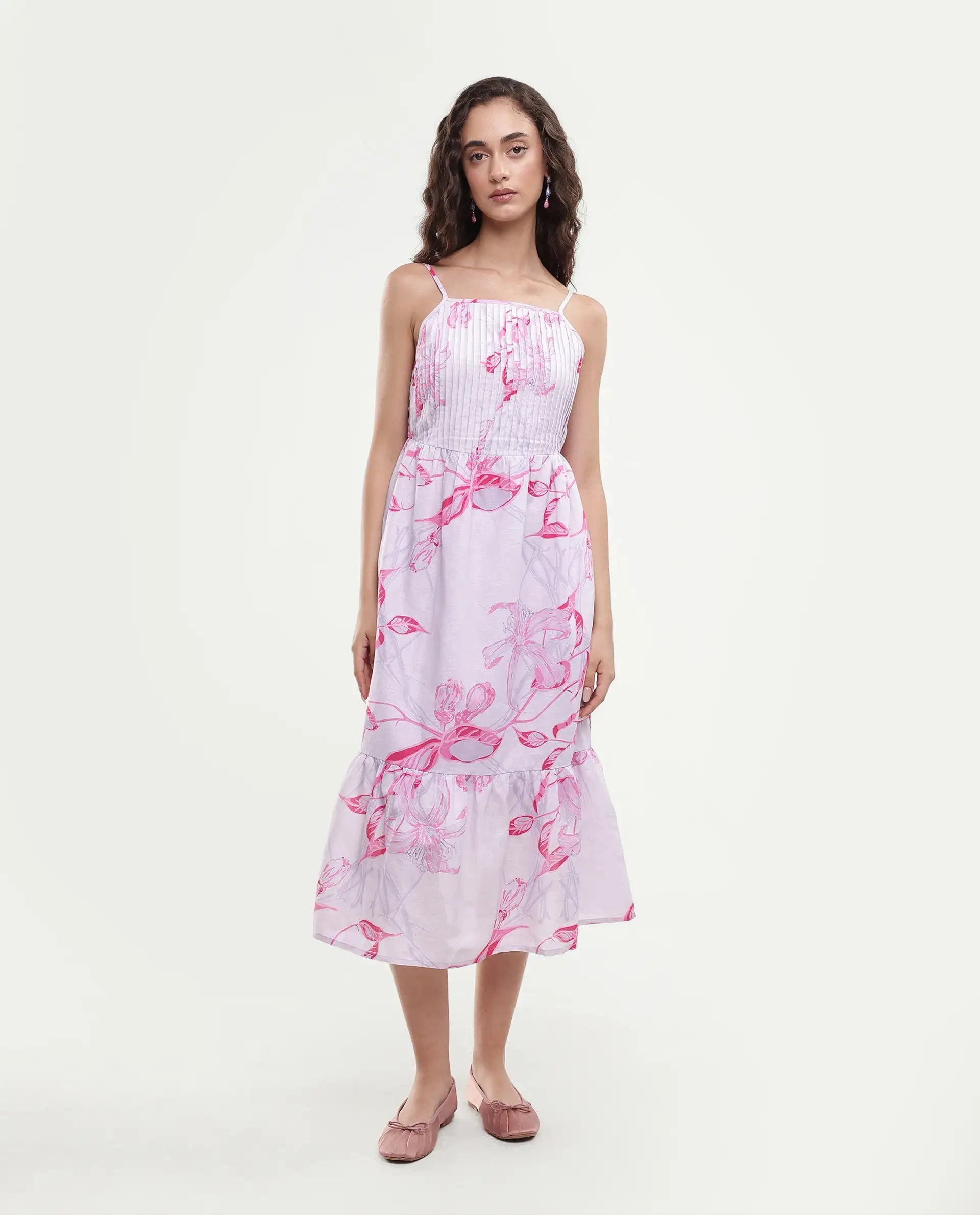 Rareism Women's Kanora Dusky Purple Cotton Blend Shoulder Strap Floral Print Sleeveless Midi Fit And Flare Dress