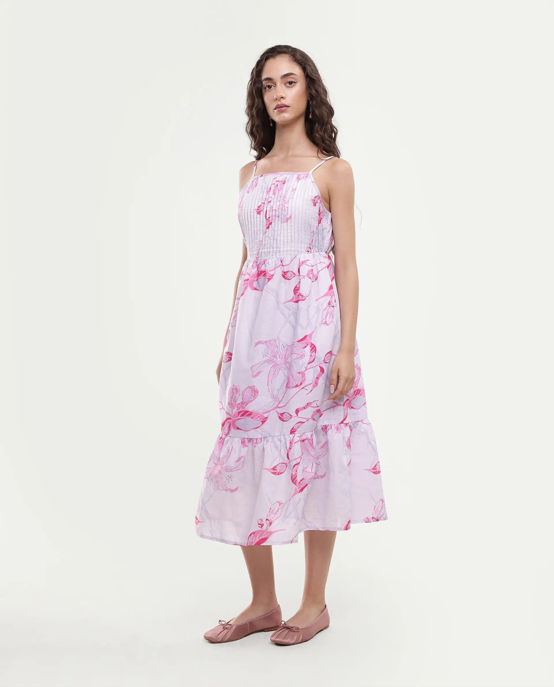 Rareism Women's Kanora Dusky Purple Cotton Blend Shoulder Strap Floral Print Sleeveless Midi Fit And Flare Dress