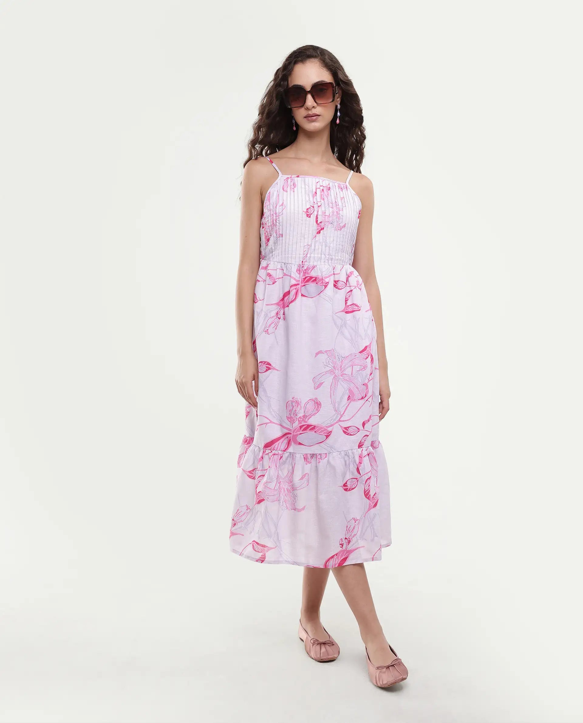 Rareism Women's Kanora Dusky Purple Cotton Blend Shoulder Strap Floral Print Sleeveless Midi Fit And Flare Dress