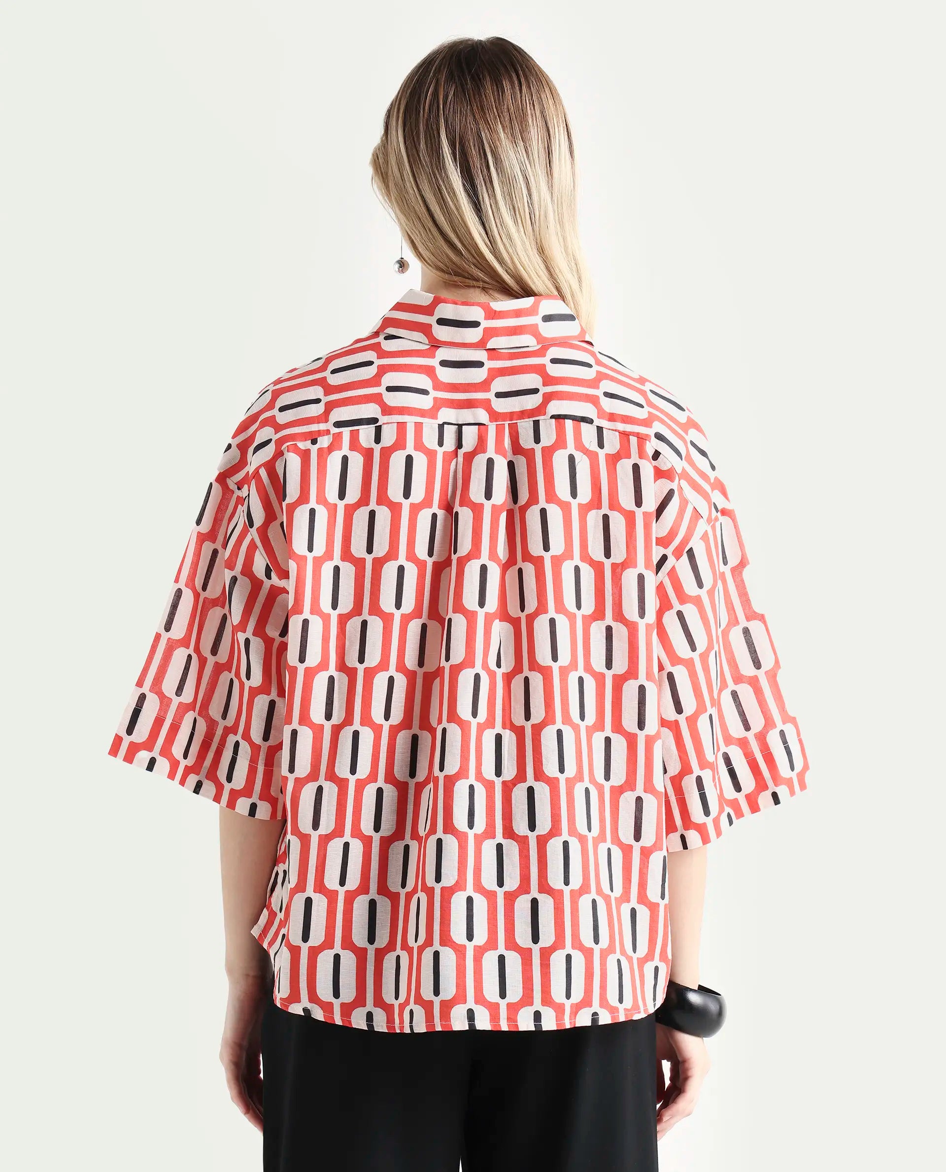 Rareism Women's Koor Multi Cotton Blend Drop Collar Geometric Print Relaxed Fit Shirt