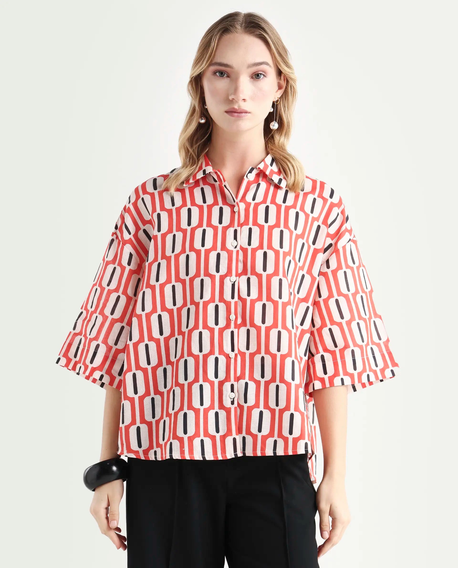 Rareism Women's Koor Multi Cotton Blend Drop Collar Geometric Print Relaxed Fit Shirt