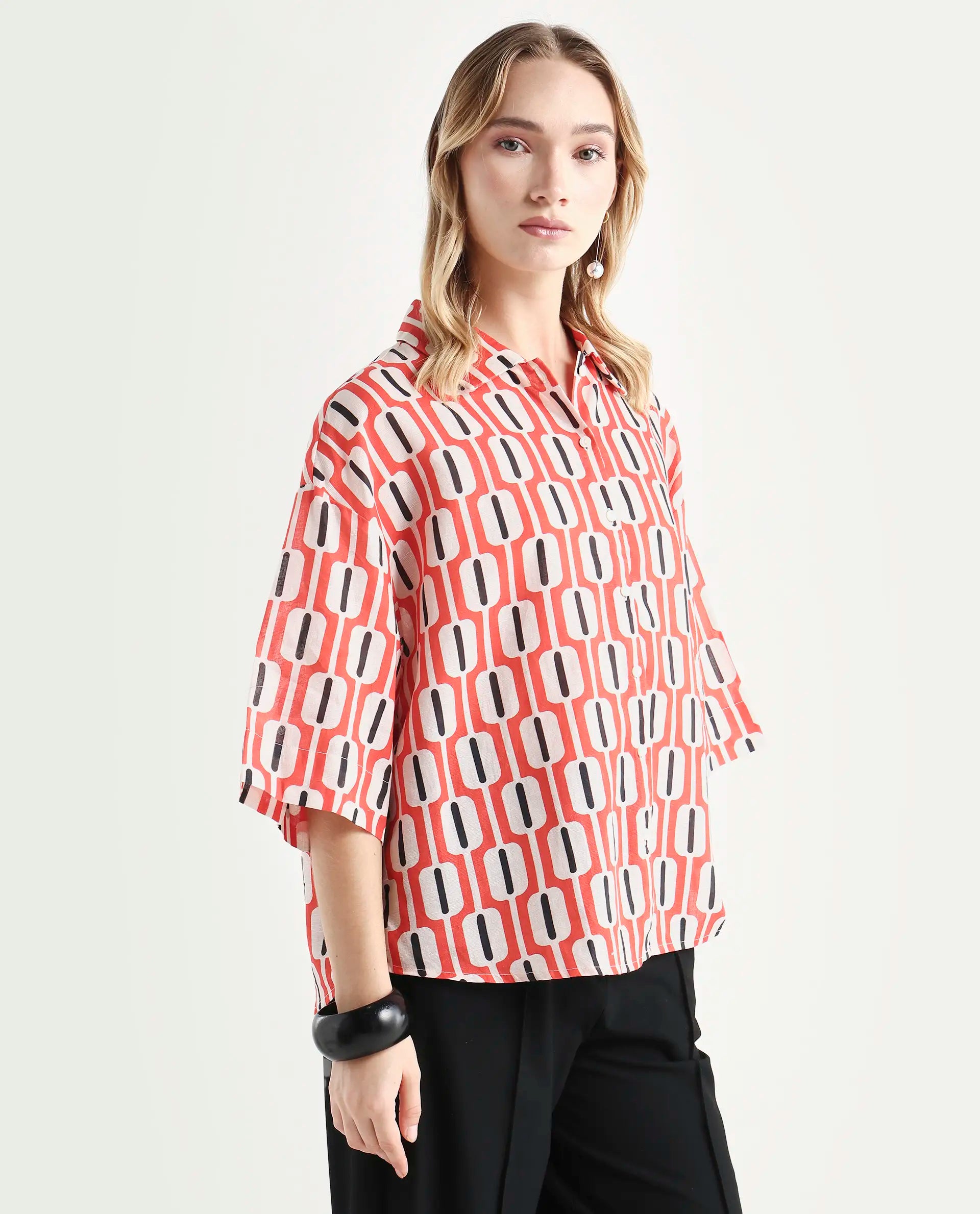 Rareism Women's Koor Multi Cotton Blend Drop Collar Geometric Print Relaxed Fit Shirt