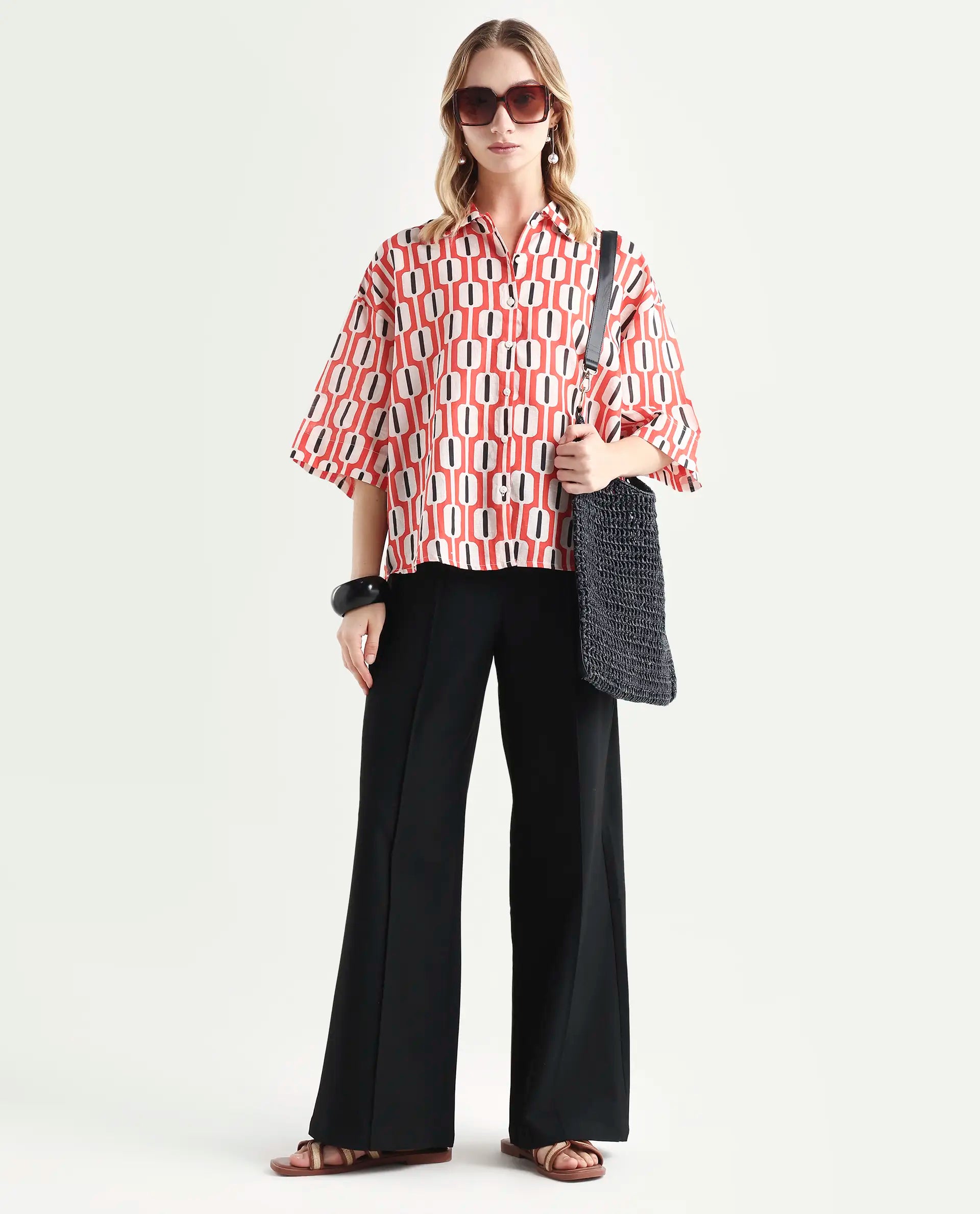 Rareism Women's Koor Multi Cotton Blend Drop Collar Geometric Print Relaxed Fit Shirt
