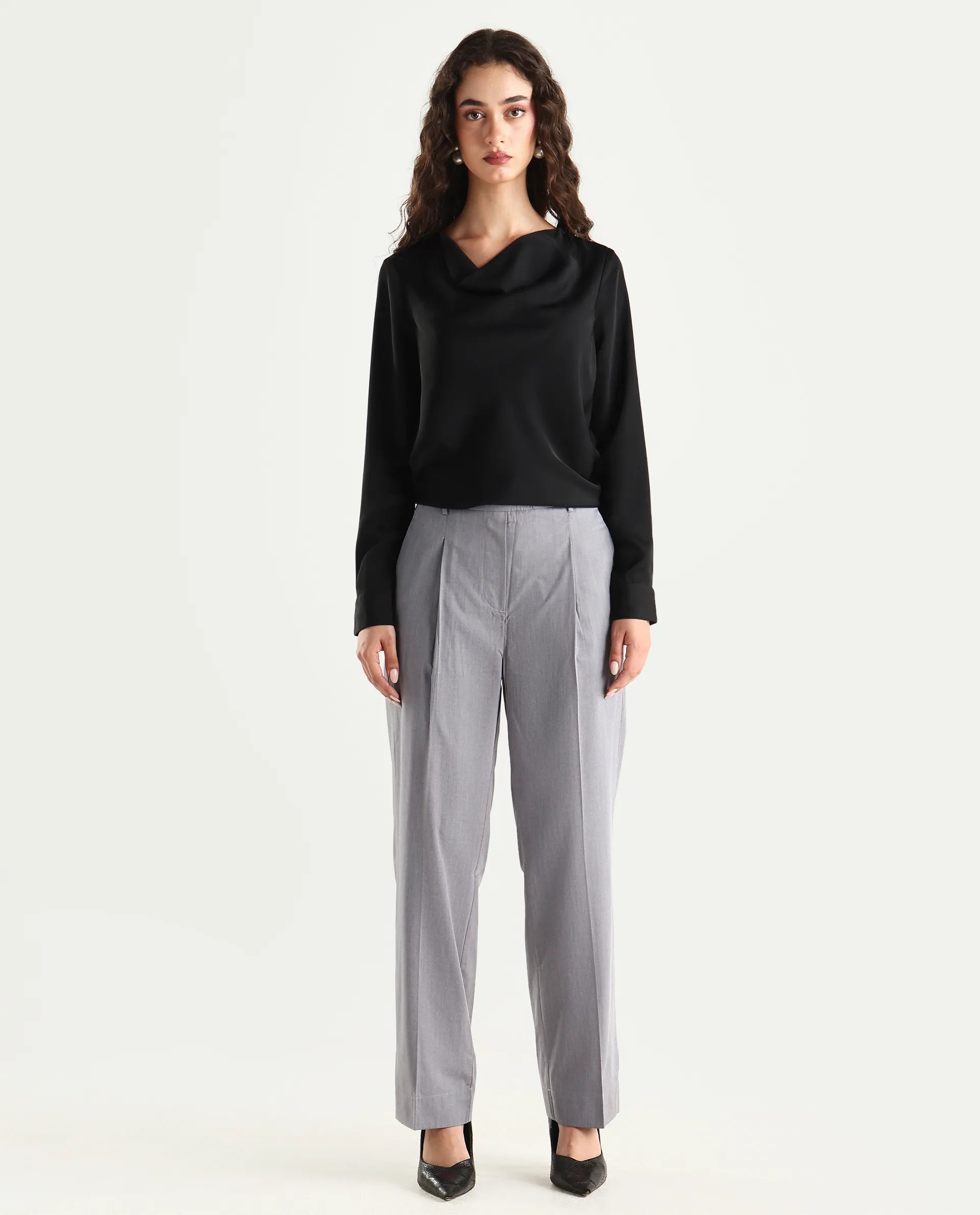 Rareism Women's Tiza Grey Polyester Blend Plain Ankle Length Straight Fit Trouser