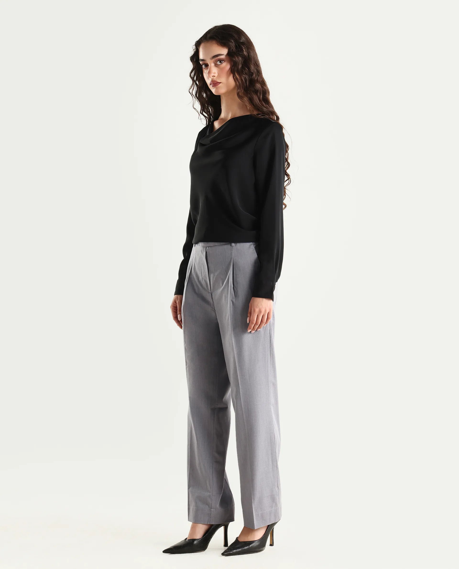Rareism Women's Tiza Grey Polyester Blend Plain Ankle Length Straight Fit Trouser