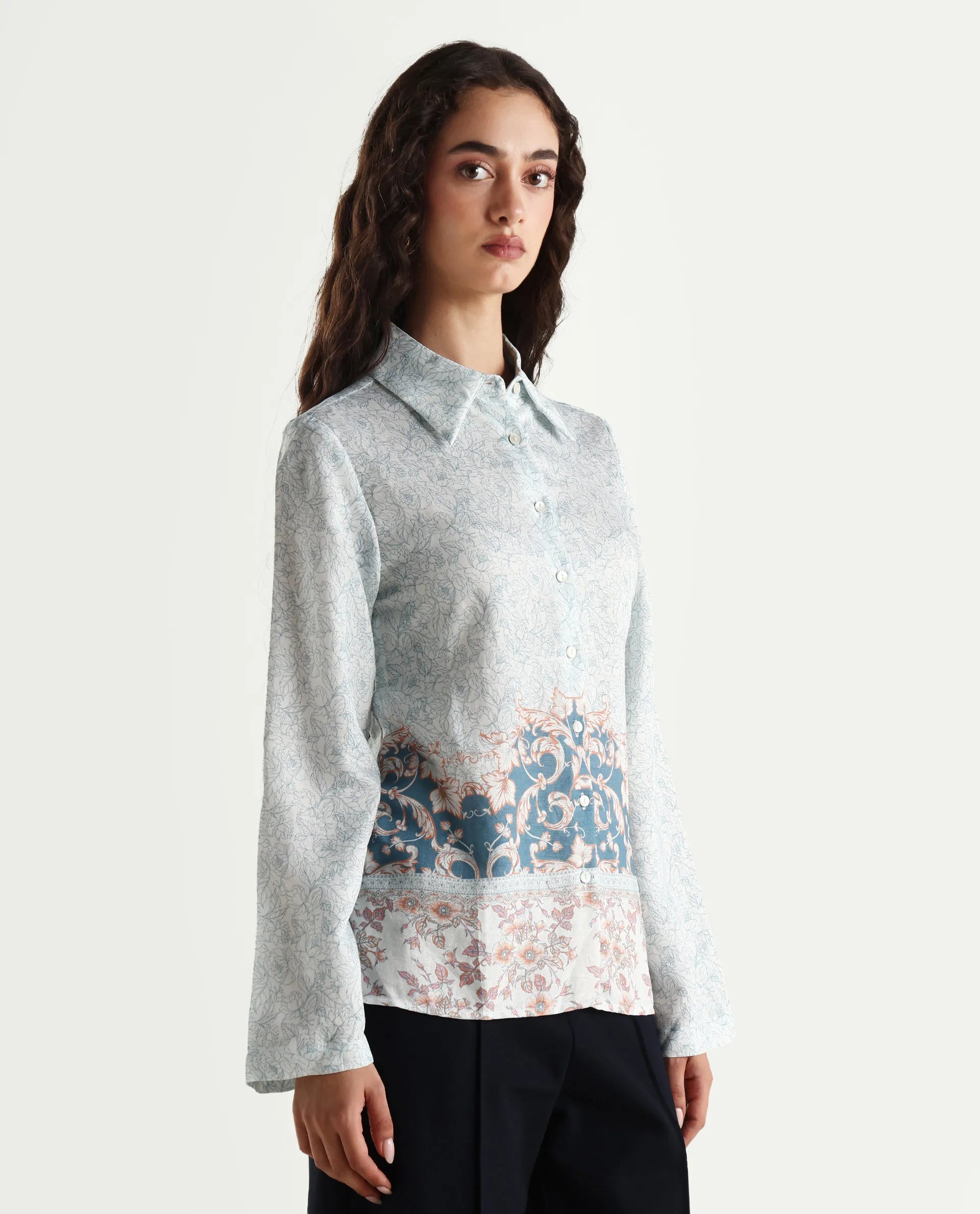 Rareism Women's Sesent Light Multi Viscose Blend Drop Collar Tropical Print Cuffed Sleeve Regular Fit Top
