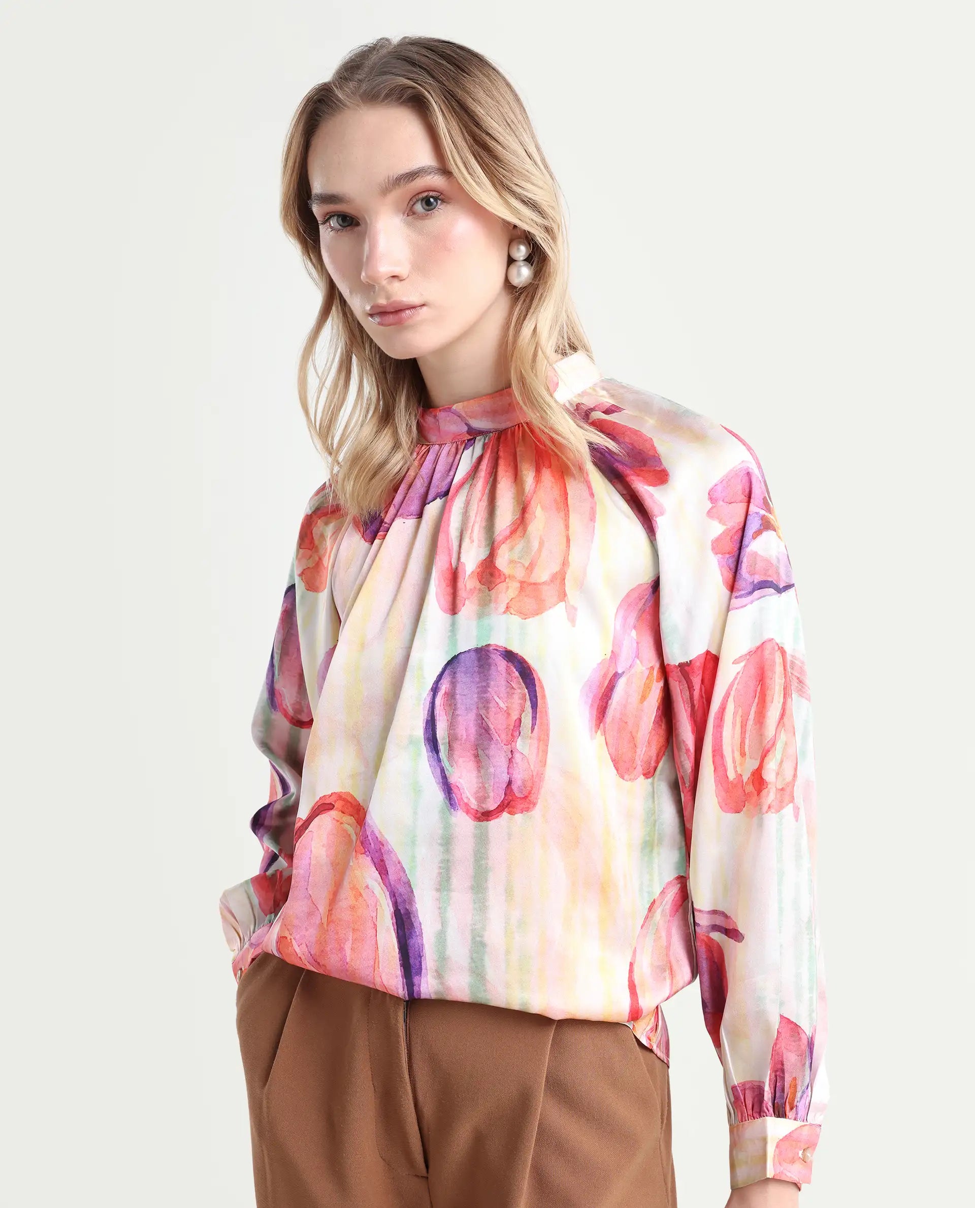 Rareism Women's Raylin Light Multi Polyester High Neck Floral Print Cuffed Sleeve Relaxed Fit Top