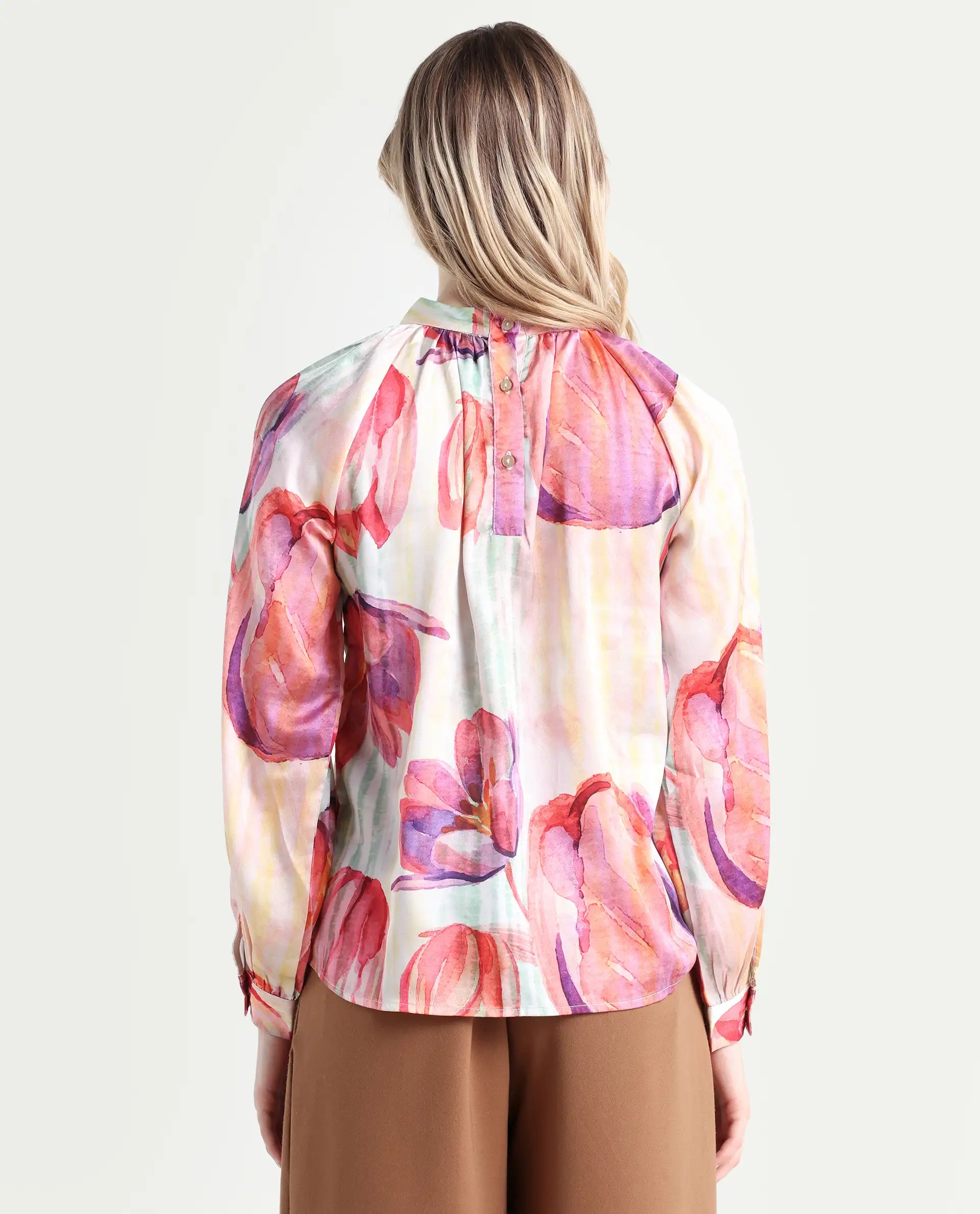 Rareism Women's Raylin Light Multi Polyester High Neck Floral Print Cuffed Sleeve Relaxed Fit Top