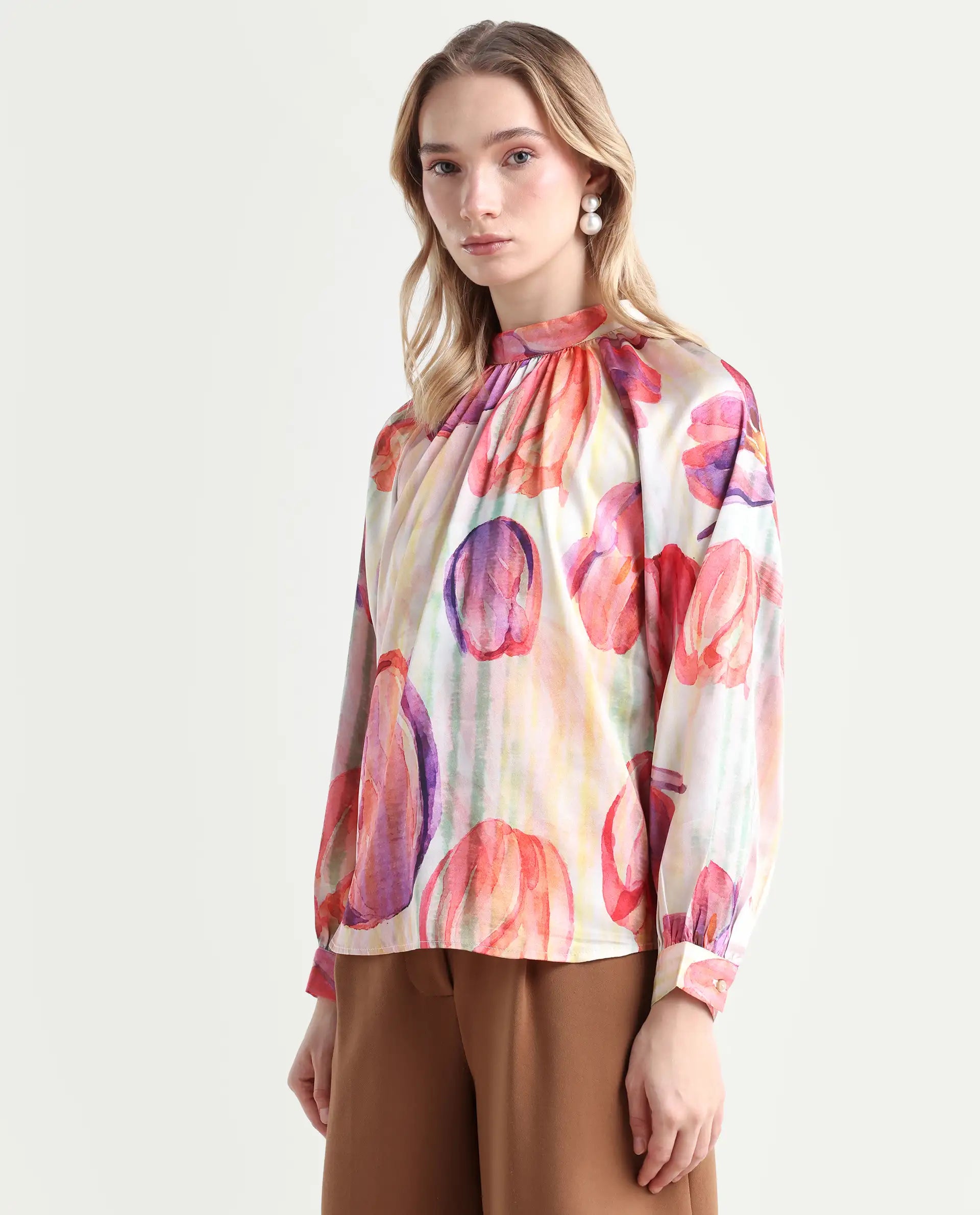 Rareism Women's Raylin Light Multi Polyester High Neck Floral Print Cuffed Sleeve Relaxed Fit Top
